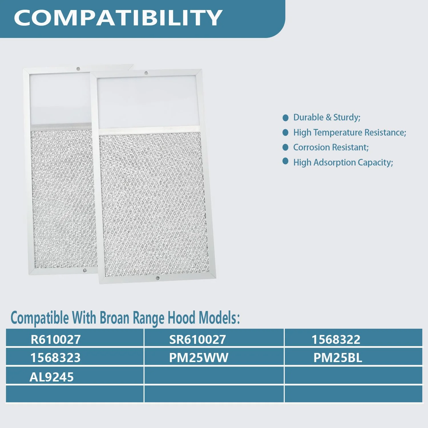 R610027 Range hood Filter with Light Lens Replacement For Broan range hood R610027 SR610027 1568322 1568323 PM25WW PM25BL AL9245 Aluminum Mesh Grease Filter 7-5/8" x 14-1/8" x 3/8" 2 Pack - Image 3