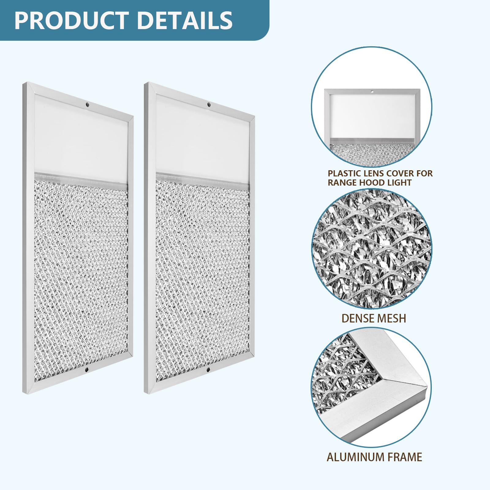 R610027 Range hood Filter with Light Lens Replacement For Broan range hood R610027 SR610027 1568322 1568323 PM25WW PM25BL AL9245 Aluminum Mesh Grease Filter 7-5/8" x 14-1/8" x 3/8" 2 Pack - Image 4