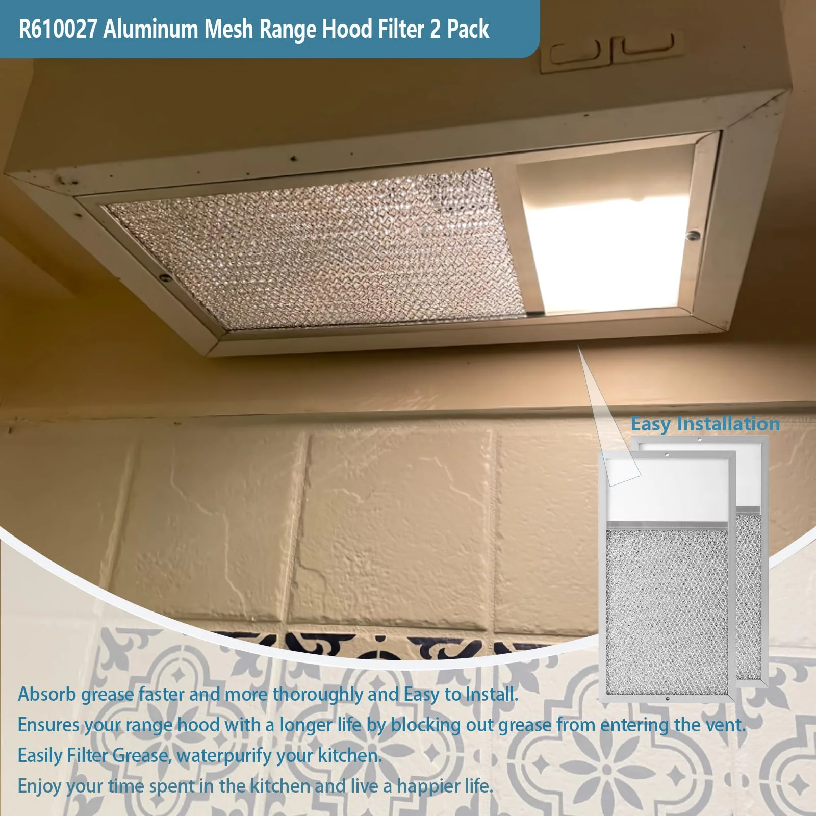 R610027 Range hood Filter with Light Lens Replacement For Broan range hood R610027 SR610027 1568322 1568323 PM25WW PM25BL AL9245 Aluminum Mesh Grease Filter 7-5/8" x 14-1/8" x 3/8" 2 Pack - Image 7
