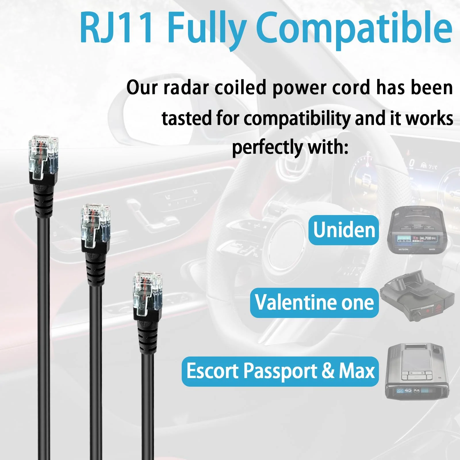 Radar Detector Power Cord Mirror Plug Wire Compatible with Uniden Escort Valentine One Cobra Whistler,with Inline Fuse Holder,Rearview Mirror Plug Elastic Cable.(RJ11-Set of 3) RJ11 - Image 3