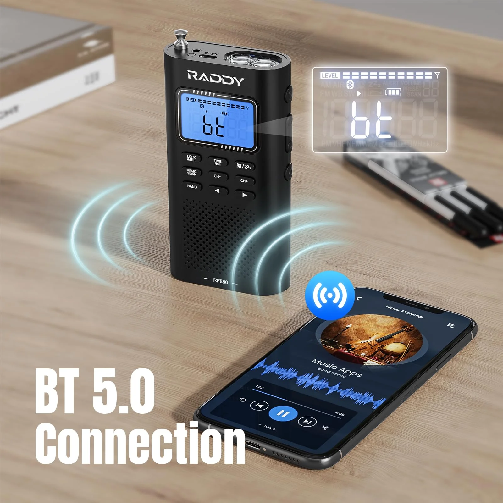 Raddy RF886 Portable Shortwave Radio AM/FM/SW/VHF/WB Digital Radio BT Connection with NOAA and Alert, Rechargeable Pocket w/ 9.85 Ft Wire Antenna 5-Band - Image 2