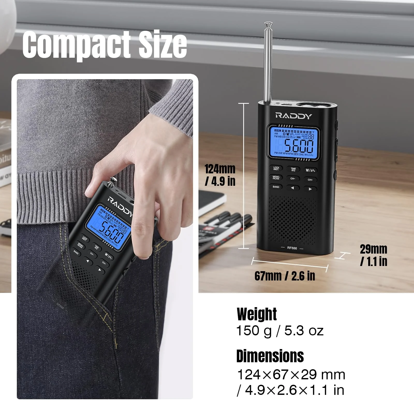 Raddy RF886 Portable Shortwave Radio AM/FM/SW/VHF/WB Digital Radio BT Connection with NOAA and Alert, Rechargeable Pocket w/ 9.85 Ft Wire Antenna 5-Band - Image 5