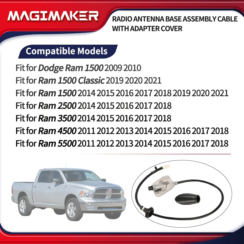Radio Antenna Base Assembly Cable with Adapter Cover 5064394AH Compatible with Dodge Ram 1500 2500 3500 4500 5500 2009-2021 Replace ‎5064394AG 5064395AE Tube Antenna Base Mast Kit - Image 2