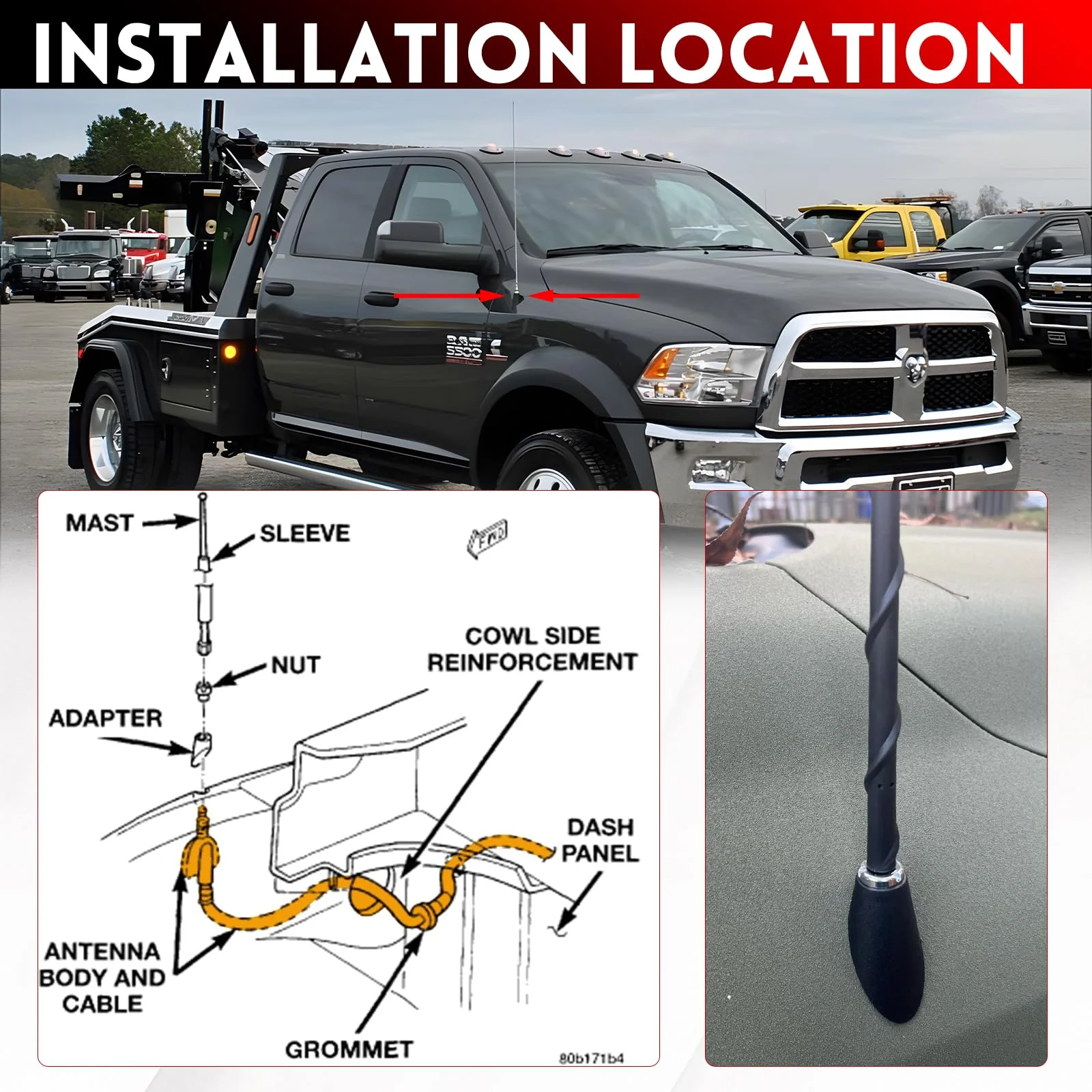 Radio Antenna Base fits for 2009-2021 Dodge Ram 1500-5500 Antenna Base Mast Kit Replacement 926-833-w/Adapter Cover - Image 7