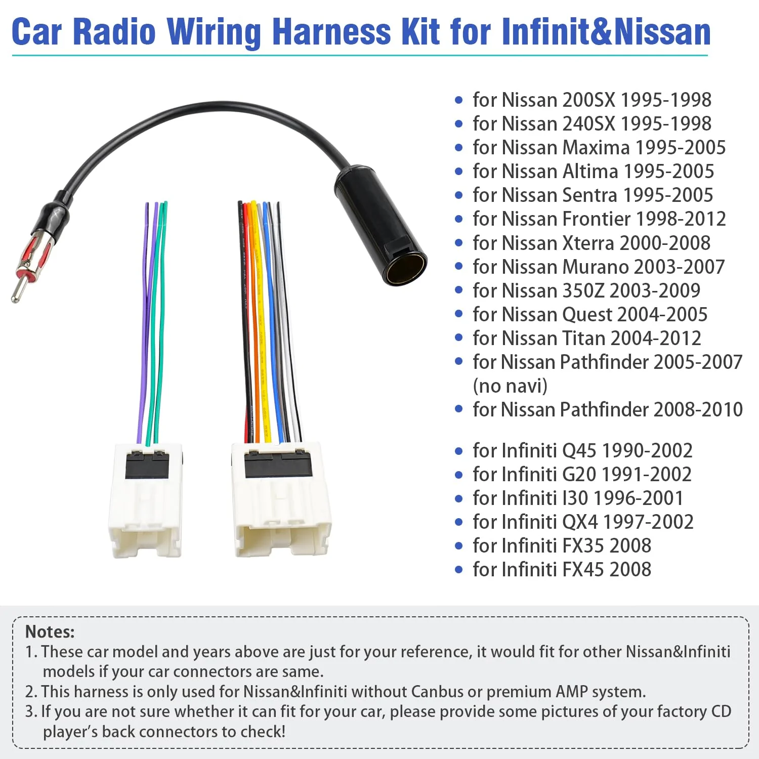 Radio Wiring Harness Kit for Nissan Altima Sentra Frontier Xterra Murano Quest Titan Pathfinder, Car Stereo Wire Harness Antenna Adapter Compatible with Infiniti Q45 G20 I30 QX4 10+6P Harness+Antenna for Nissan/Infiniti - Image 2