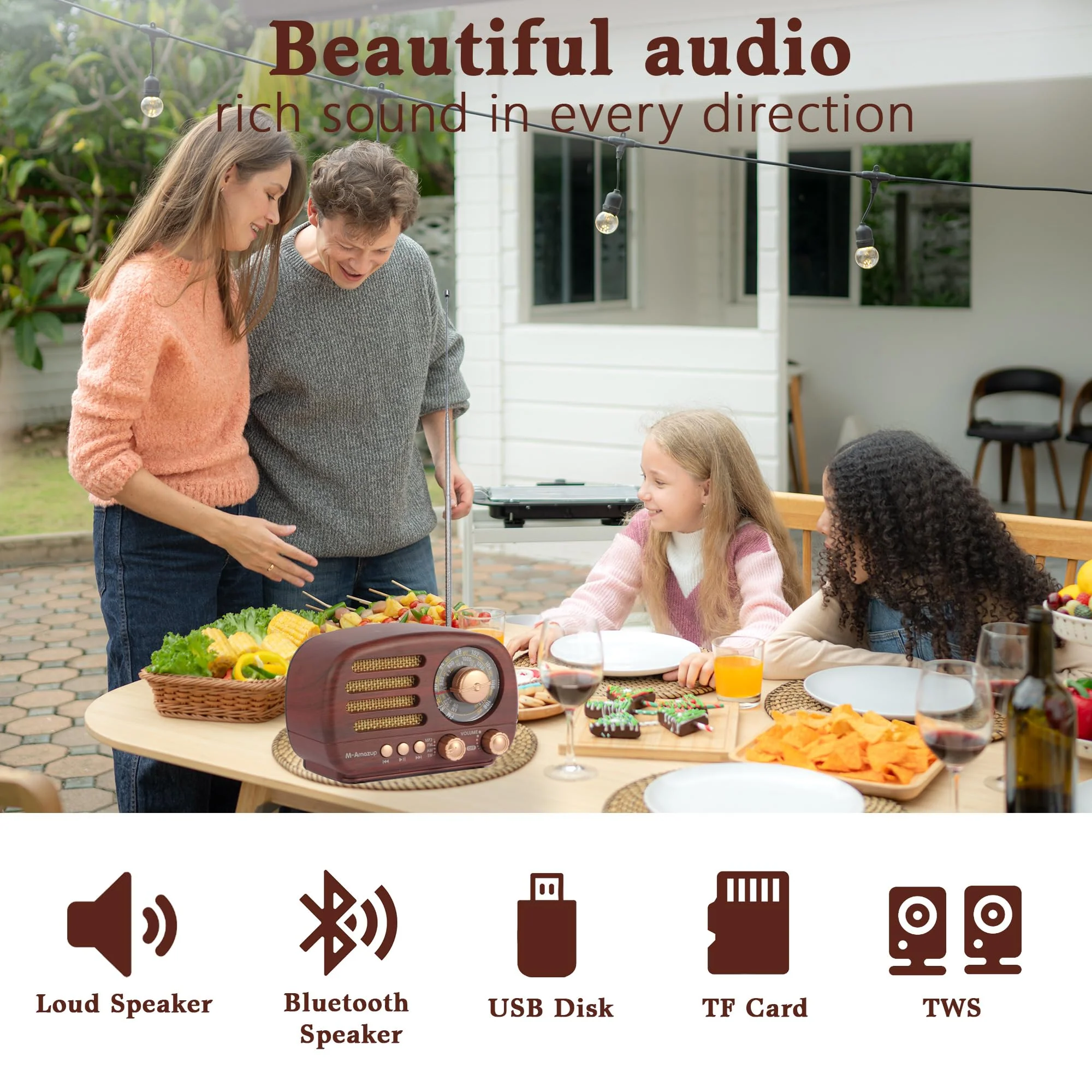 Radios Portable AM FM SW, Retro Radio with Speaker, Transistor Radio Bluetooth 5.3, Rechargeable Battery Powered, TWS, Support TF Card/MP3/USB Playing, Gifts for Senior, Dark Wood - Image 2
