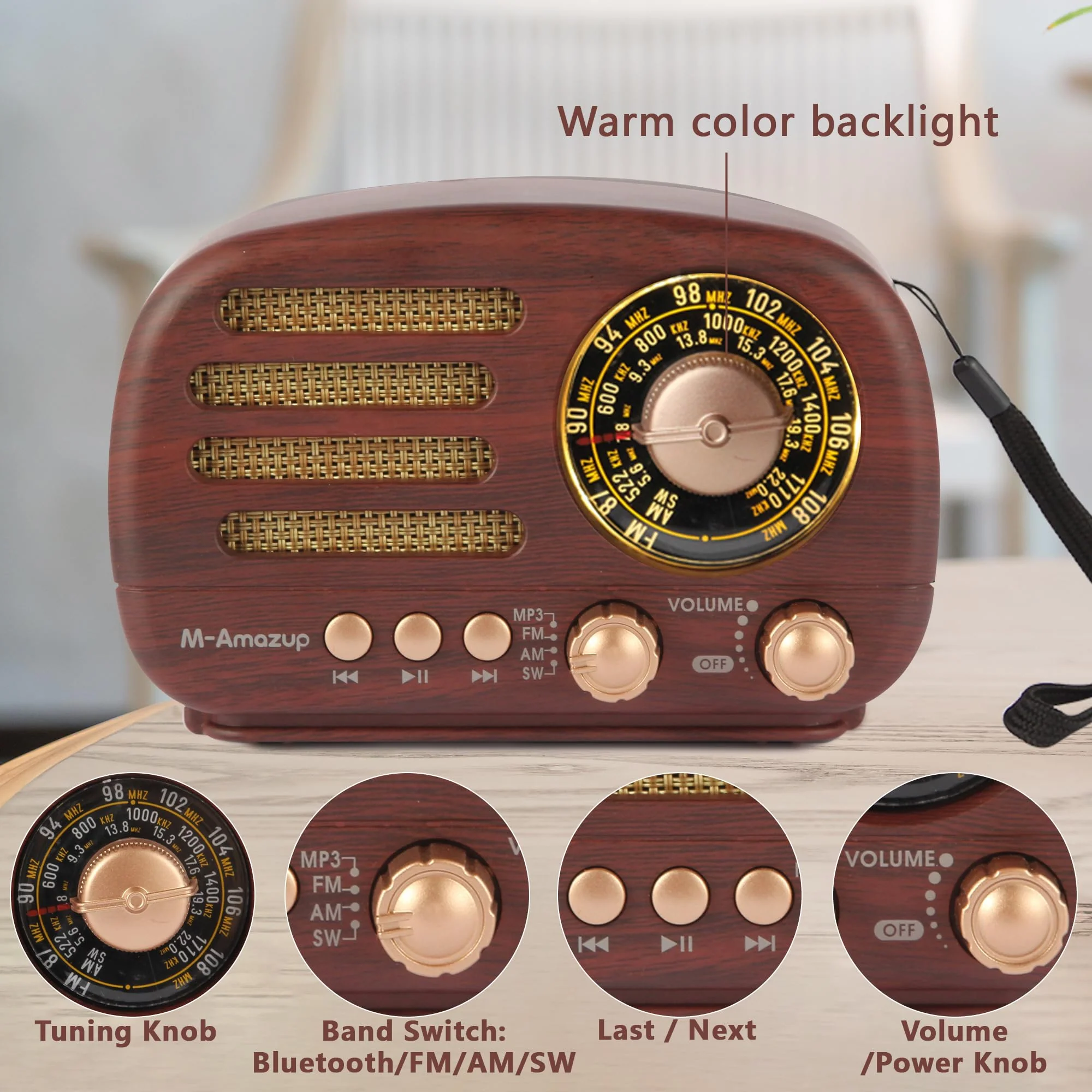 Radios Portable AM FM SW, Retro Radio with Speaker, Transistor Radio Bluetooth 5.3, Rechargeable Battery Powered, TWS, Support TF Card/MP3/USB Playing, Gifts for Senior, Dark Wood - Image 3