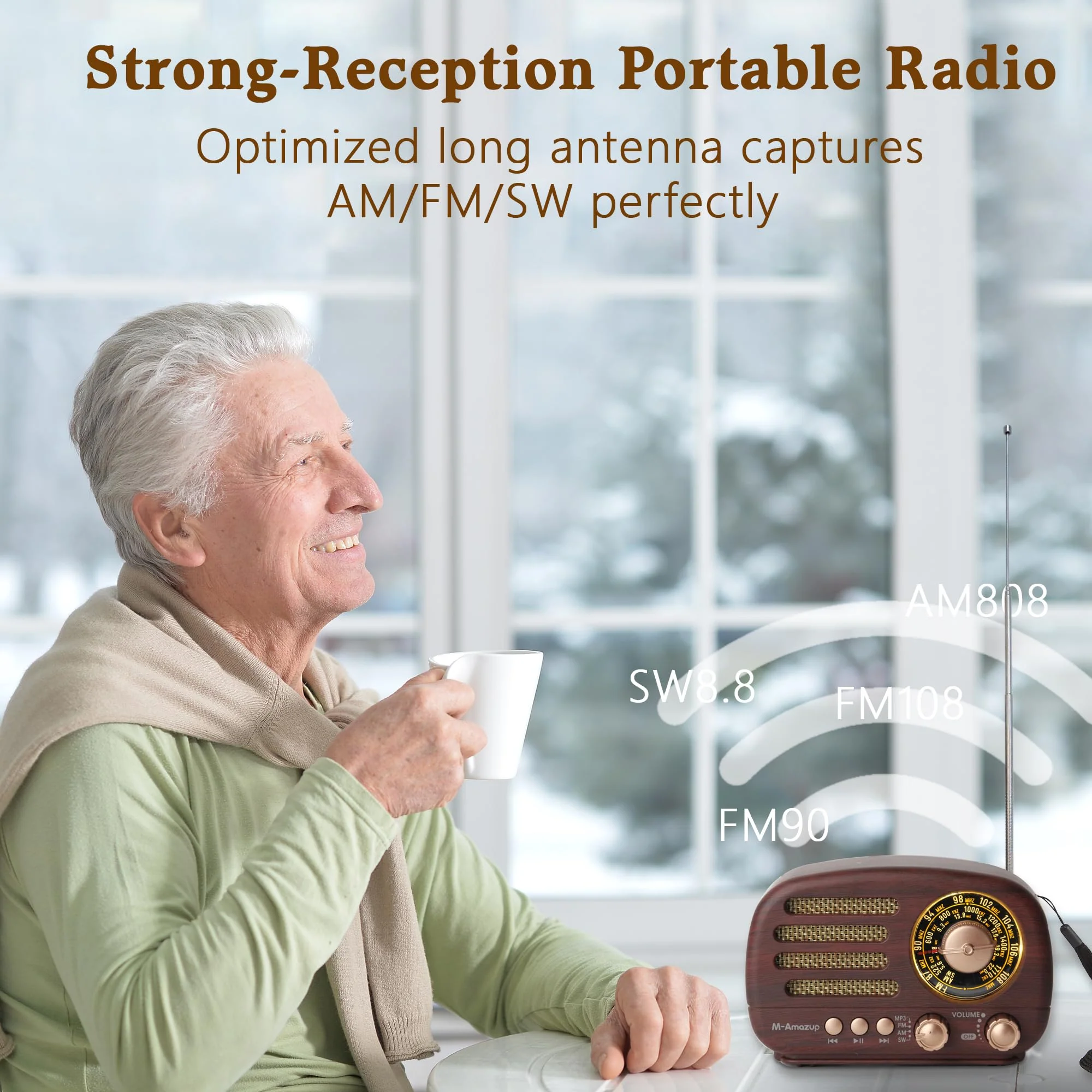 Radios Portable AM FM SW, Retro Radio with Speaker, Transistor Radio Bluetooth 5.3, Rechargeable Battery Powered, TWS, Support TF Card/MP3/USB Playing, Gifts for Senior, Dark Wood - Image 4