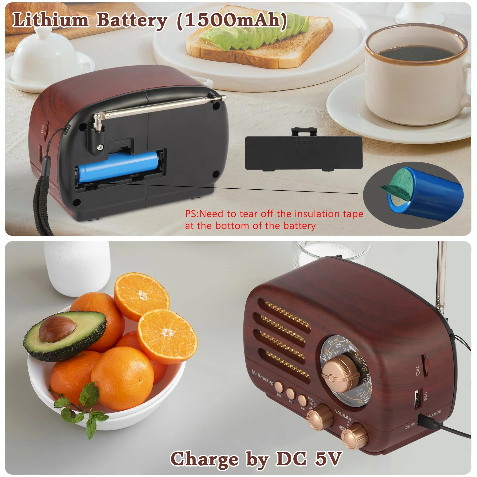 Radios Portable AM FM SW, Retro Radio with Speaker, Transistor Radio Bluetooth 5.3, Rechargeable Battery Powered, TWS, Support TF Card/MP3/USB Playing, Gifts for Senior, Dark Wood - Image 6