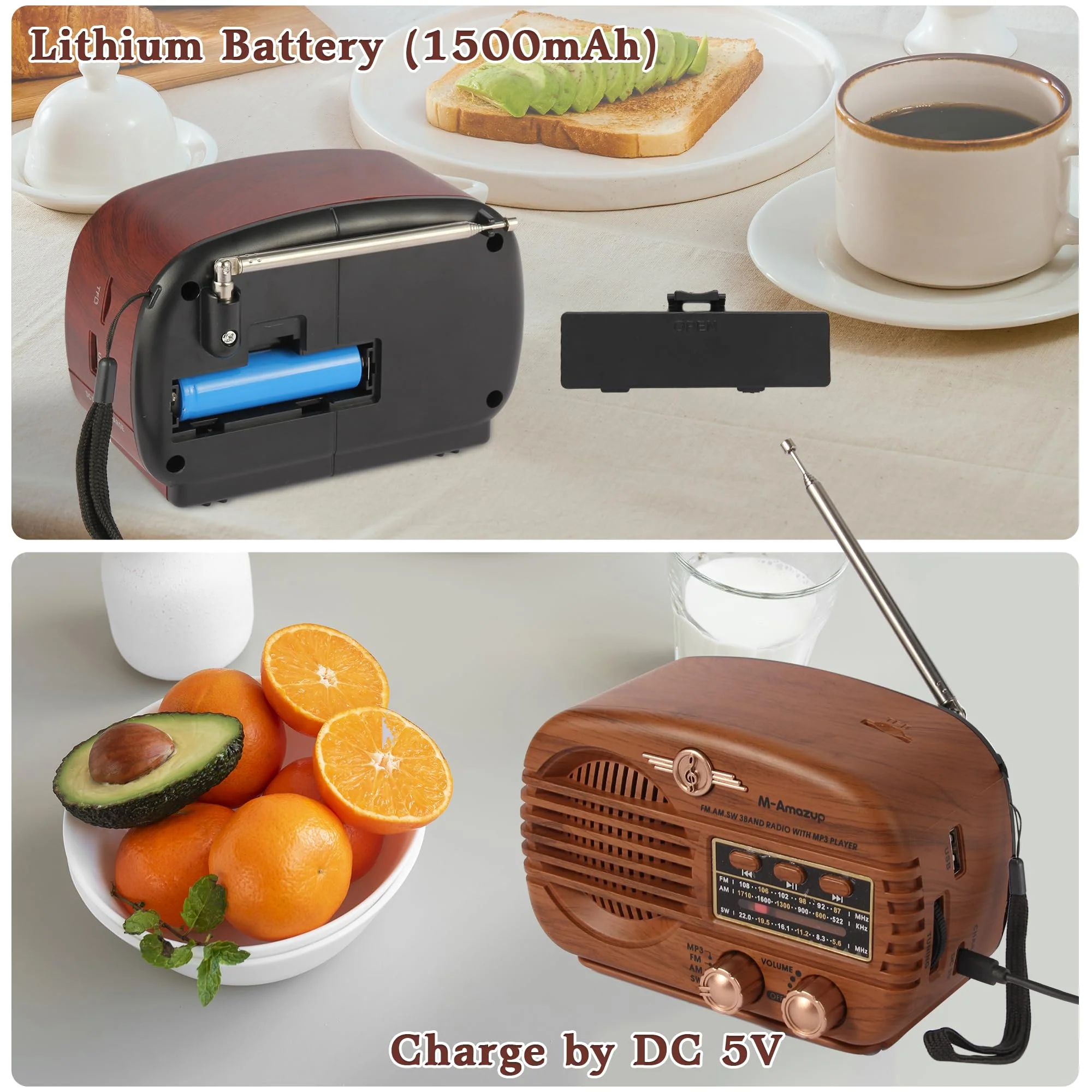 Radios Portable AM FM SW, Retro Radio with Speaker, Transistor Radio Bluetooth 5.3, Rechargeable Battery Powered, TWS, Support TF Card/MP3/USB Playing, Gifts for Senior, Light Wood - Image 3