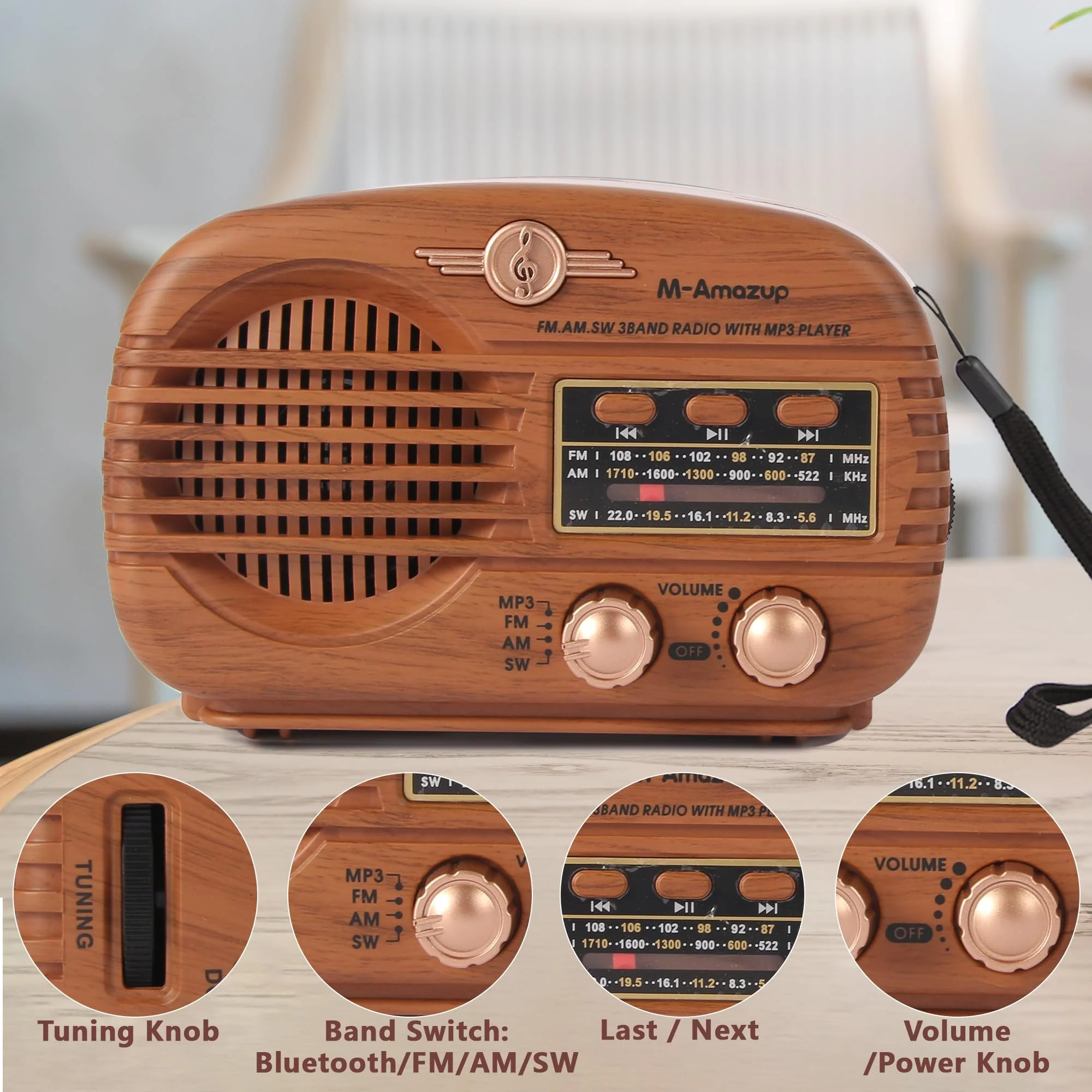 Radios Portable AM FM SW, Retro Radio with Speaker, Transistor Radio Bluetooth 5.3, Rechargeable Battery Powered, TWS, Support TF Card/MP3/USB Playing, Gifts for Senior, Light Wood - Image 5
