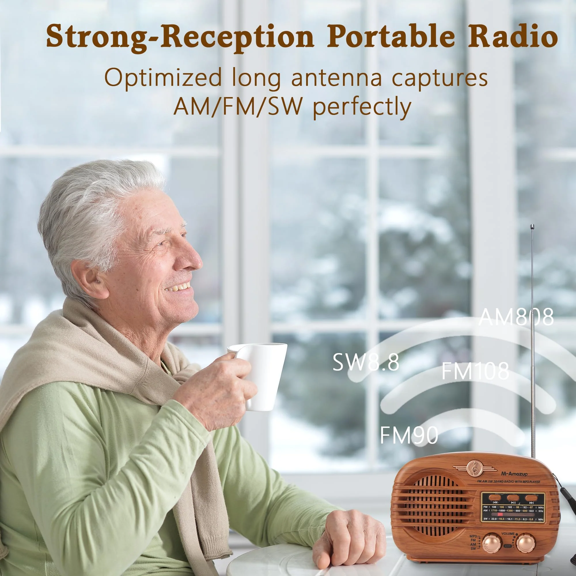 Radios Portable AM FM SW, Retro Radio with Speaker, Transistor Radio Bluetooth 5.3, Rechargeable Battery Powered, TWS, Support TF Card/MP3/USB Playing, Gifts for Senior, Light Wood - Image 6