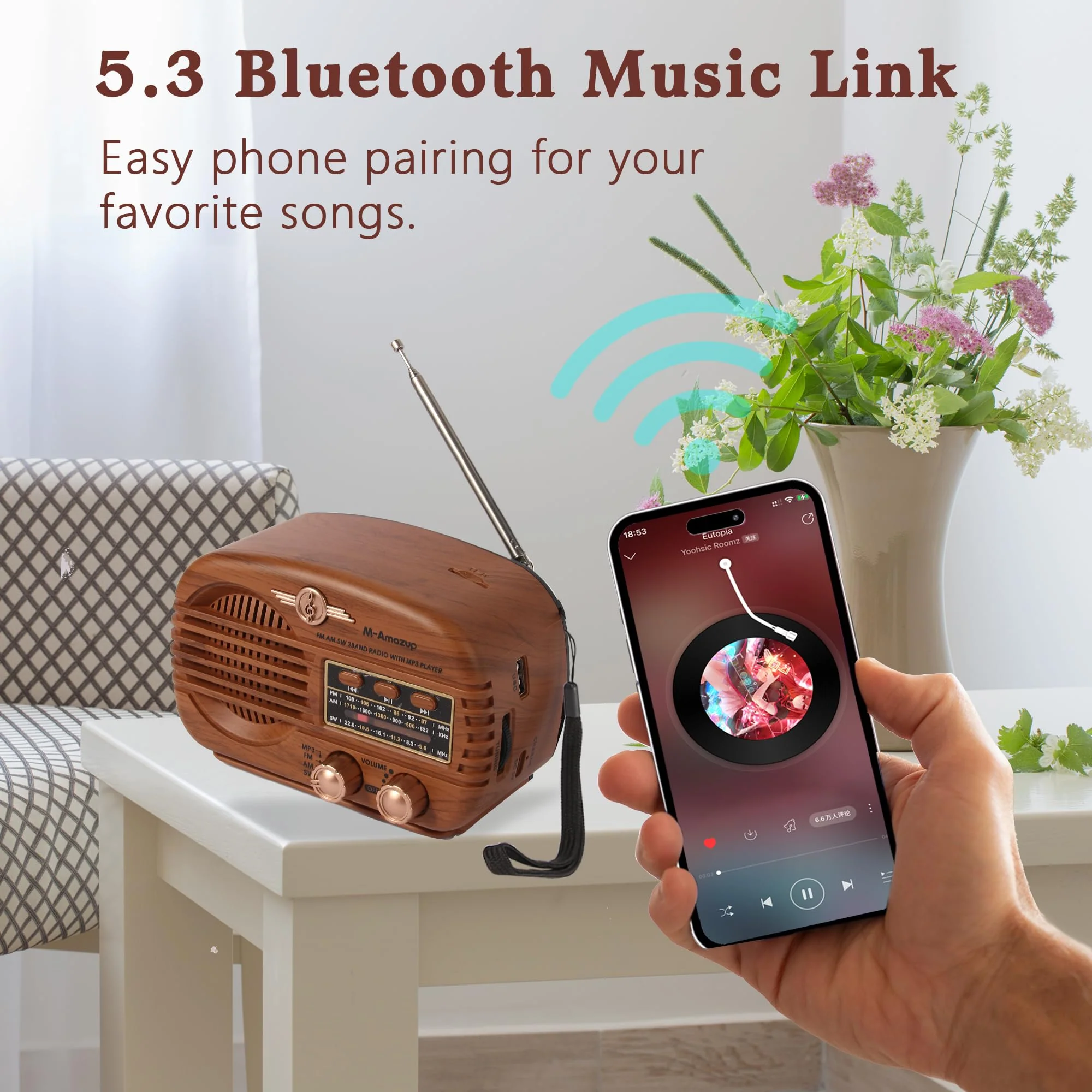 Radios Portable AM FM SW, Retro Radio with Speaker, Transistor Radio Bluetooth 5.3, Rechargeable Battery Powered, TWS, Support TF Card/MP3/USB Playing, Gifts for Senior, Light Wood - Image 7