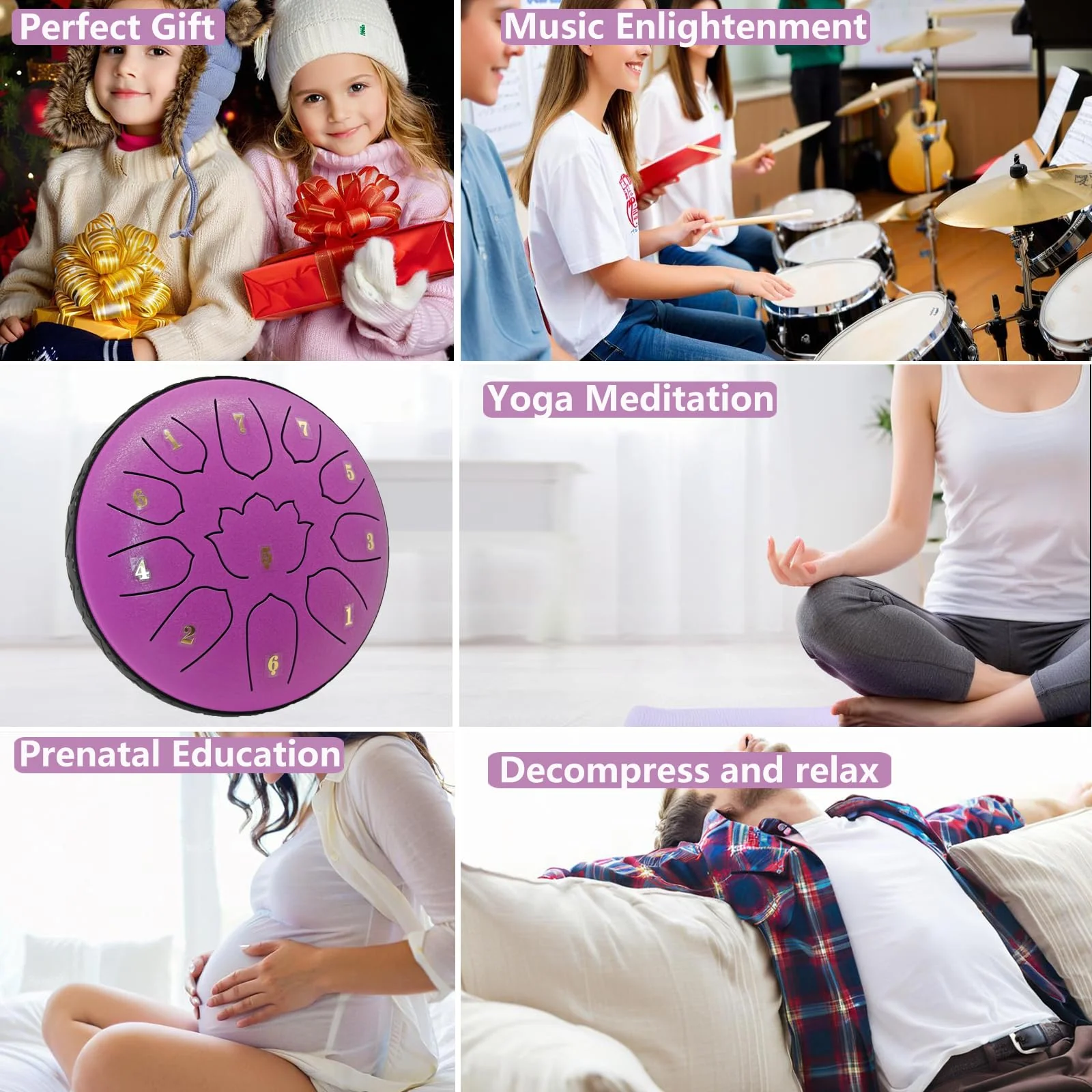 Rain Drum for Outside & Garden – 6.5-Inch Steel Tongue Drum, 11 Notes with Soft Bag, Music Book, and Mallets – Ideal for Meditation, Yoga, Relaxation, Sound Therapy, Musical Education – by VESYMAN 6.5 Inch 11 Notes Lavender Purple - Image 4