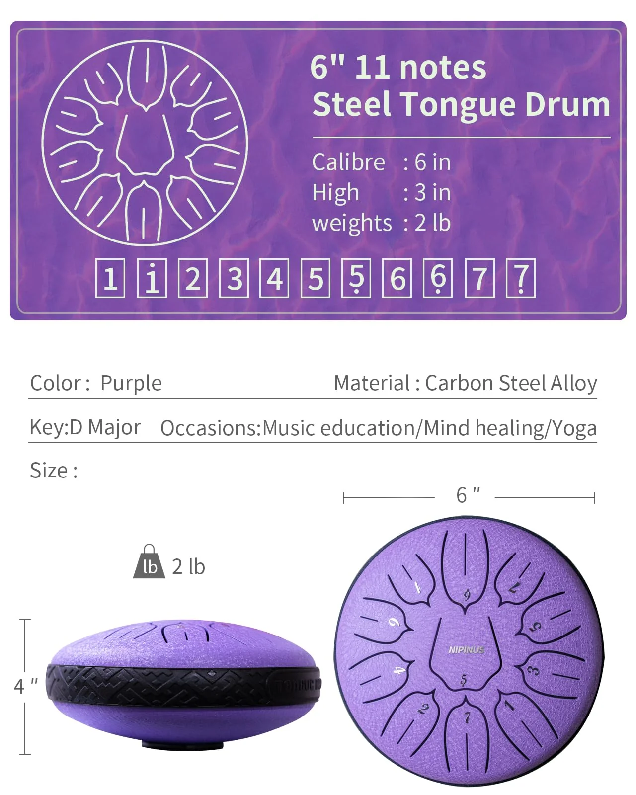 Rain Drum for Outside Garden, Steel Tongue Drum - 6 Inch 11 Notes Metal HandPan Drums,Waterproof Rain Chime,Musical Gifts 6''-11note Purple - Image 2