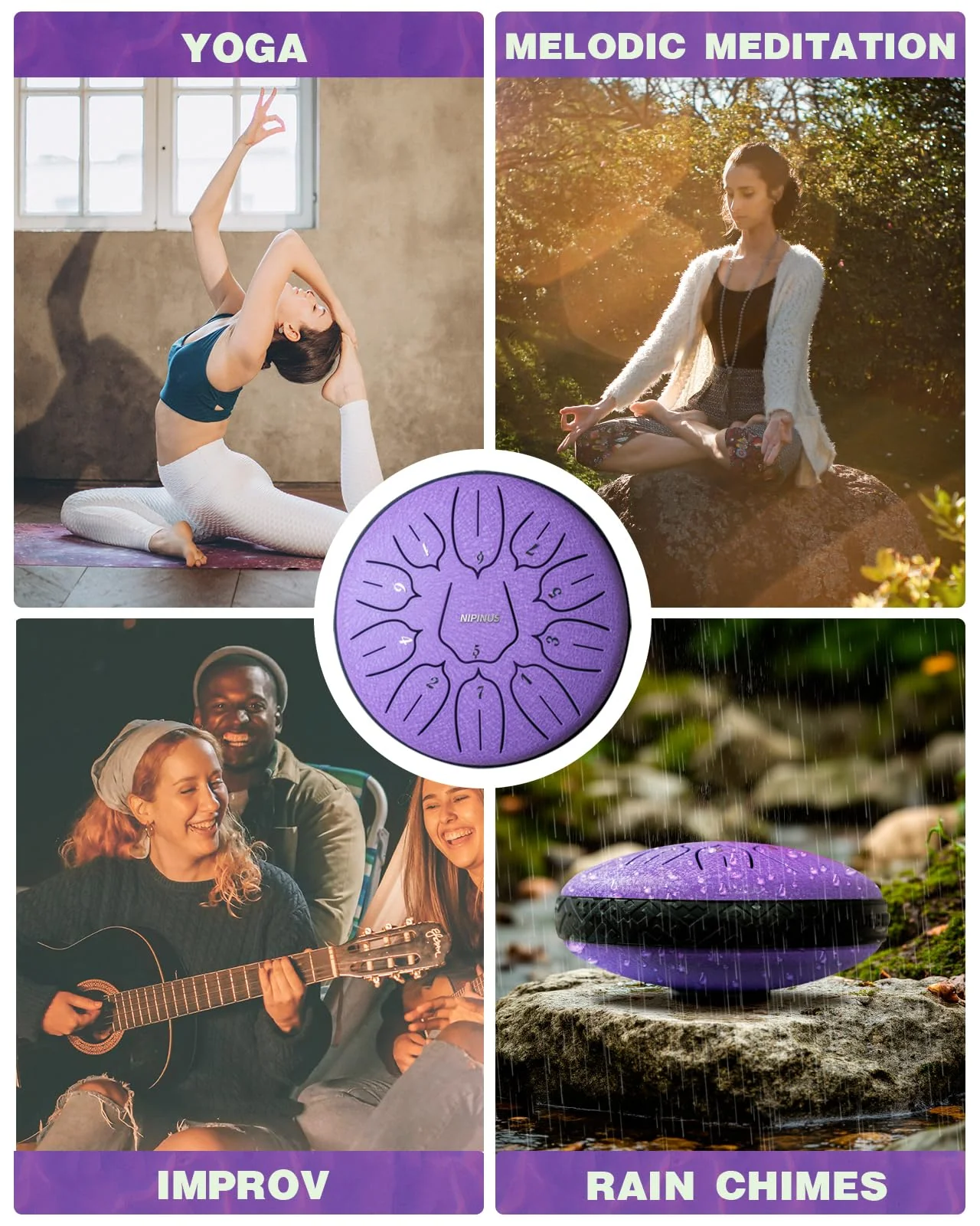 Rain Drum for Outside Garden, Steel Tongue Drum - 6 Inch 11 Notes Metal HandPan Drums,Waterproof Rain Chime,Musical Gifts 6''-11note Purple - Image 7