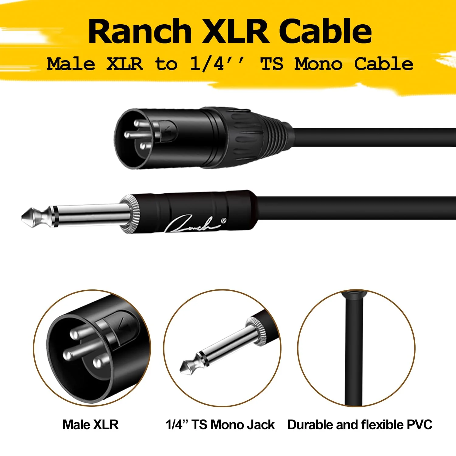 Ranch 2Pcs 25ft Male XLR to 1/4 TS Mono Jack Microphone Cable Quarter Inch to XLR Male Unbalanced Interconnect Cable - Black 2 Pack 25 Feet - Image 3