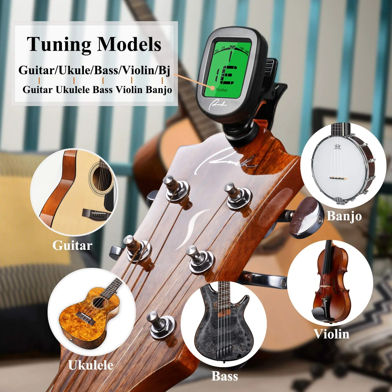 Ranch 5 pcs Guitar Tuner Clip On for Acoustic/Electric Guitar, Ukulele, Violin, Bass, Banjo and Chromatic Tuning Modes Black-5-Pack - Image 2