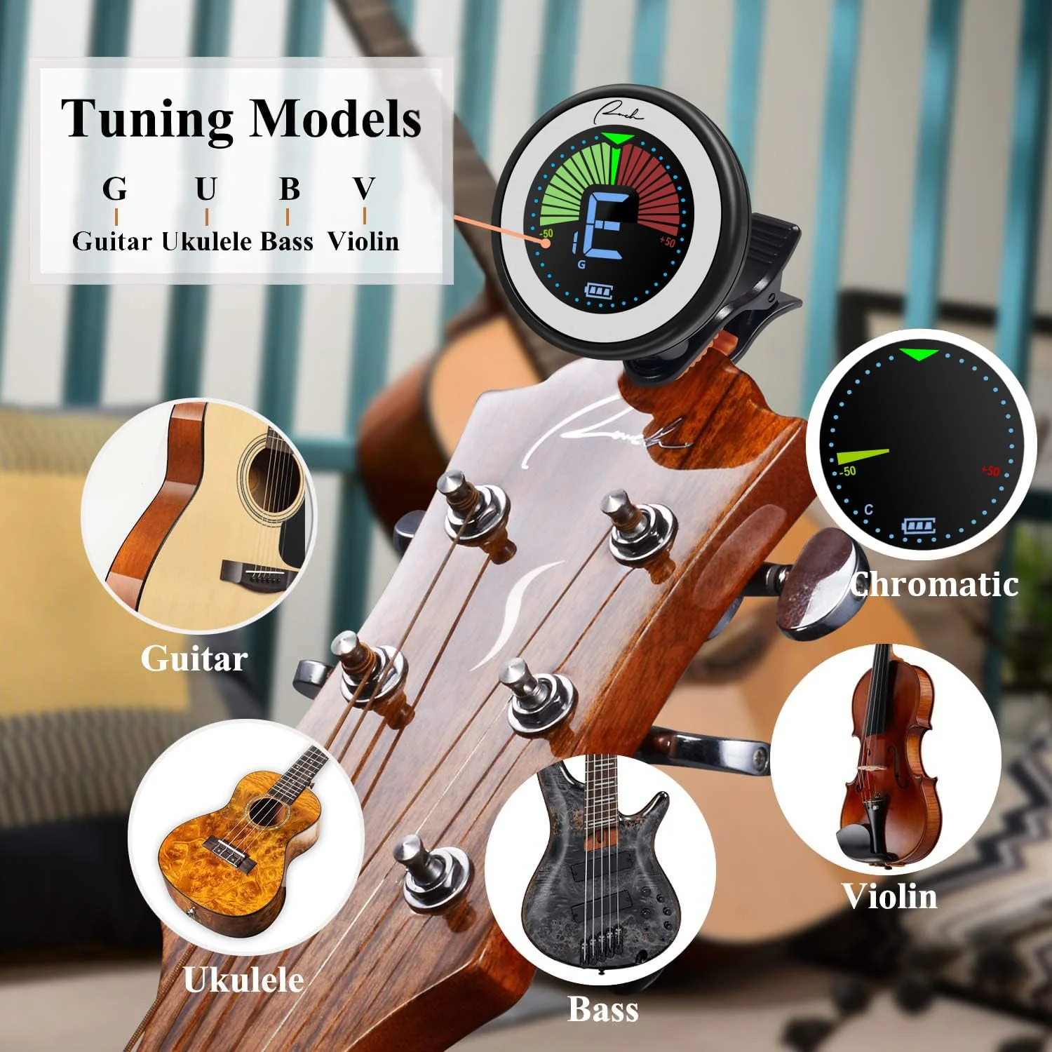Ranch Rechargeable Guitar Tuner Clip On for Acoustic/Electric Guitar, Ukulele, Violin, Bass and Chromatic Tuning Modes - Black - Image 2