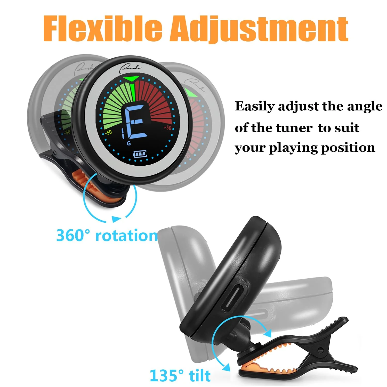 Ranch Rechargeable Guitar Tuner Clip On for Acoustic/Electric Guitar, Ukulele, Violin, Bass and Chromatic Tuning Modes - Black - Image 4