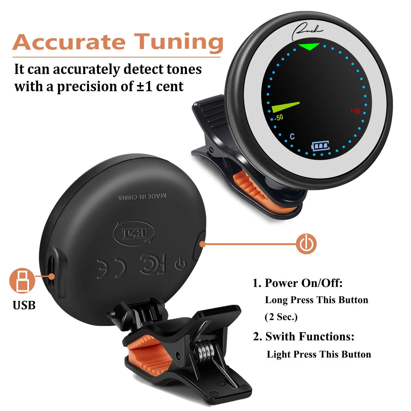 Ranch Rechargeable Guitar Tuner Clip On for Acoustic/Electric Guitar, Ukulele, Violin, Bass and Chromatic Tuning Modes - Black - Image 5