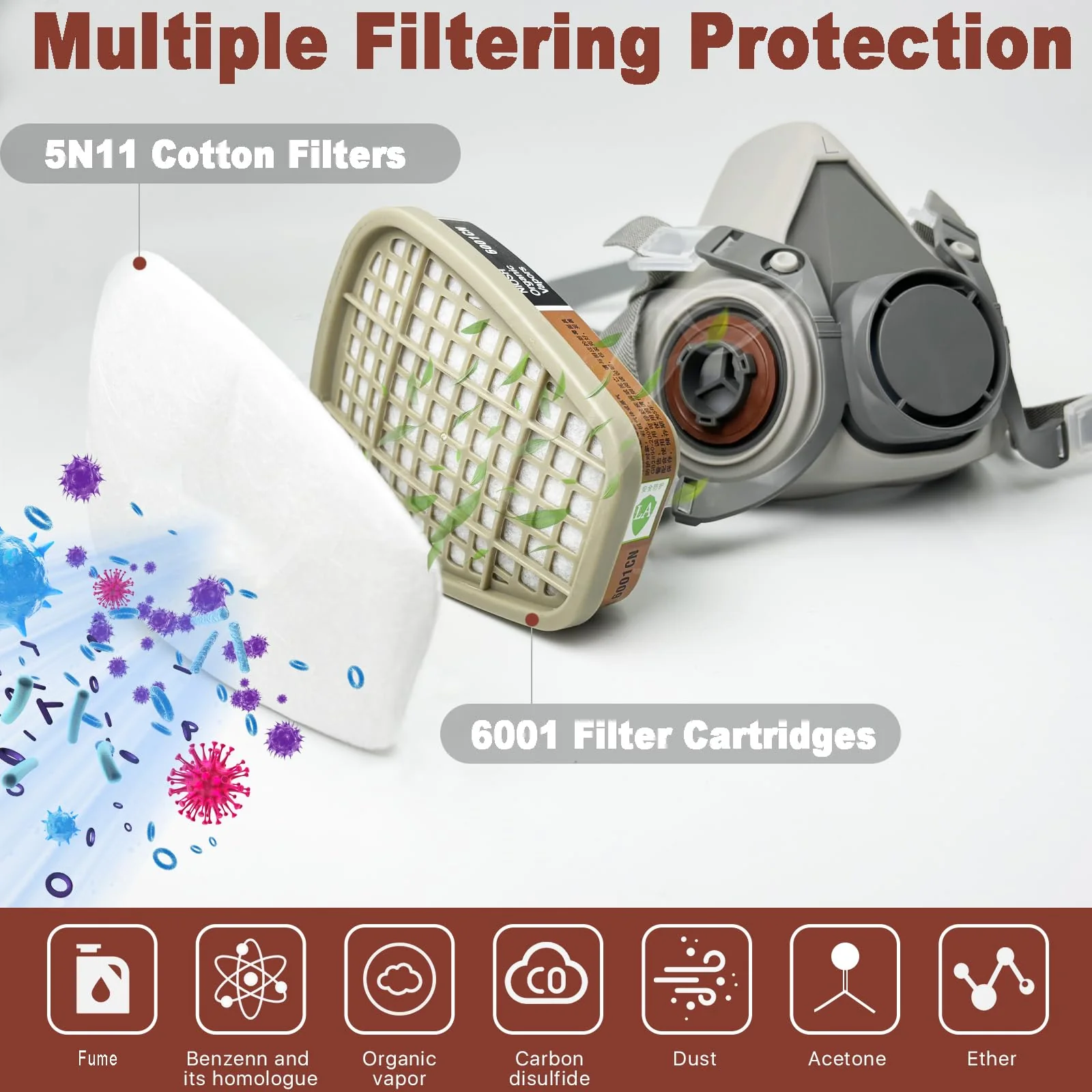 RANKSING Respirator Mask with Filters and Safety Glasses to Against Dust Gases while Painting Spraying 6200-glasses-5n11-6001 - Image 2