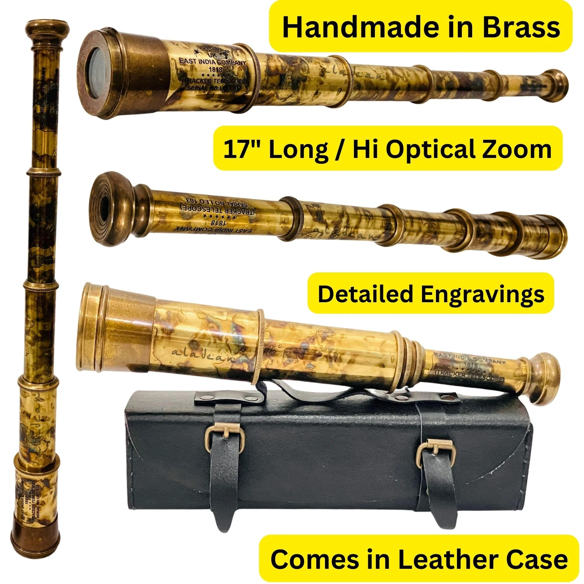 Rare Brass Telescope Spyglass - East India Company 1818 Tracker Vintage Pirate Spyglass Scope Antique Large Handstitched Leather Gift Box (BT-EIC17) BT-EIC17 - Image 2