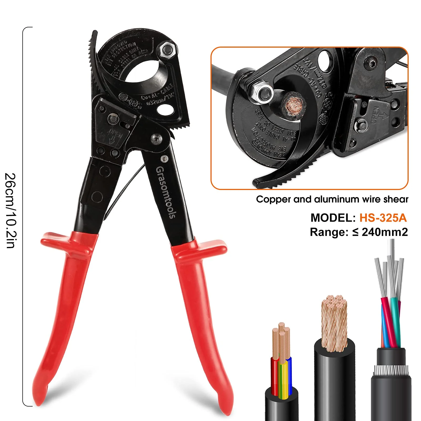 Ratchet Cable Cutter,Ratcheting Cutter and Wire Cable Cutter Cut up to 240mm², HS325A Heavy Duty Aluminum and Copper Ratchet Cable Cutter (HS325) HS325 - Image 5