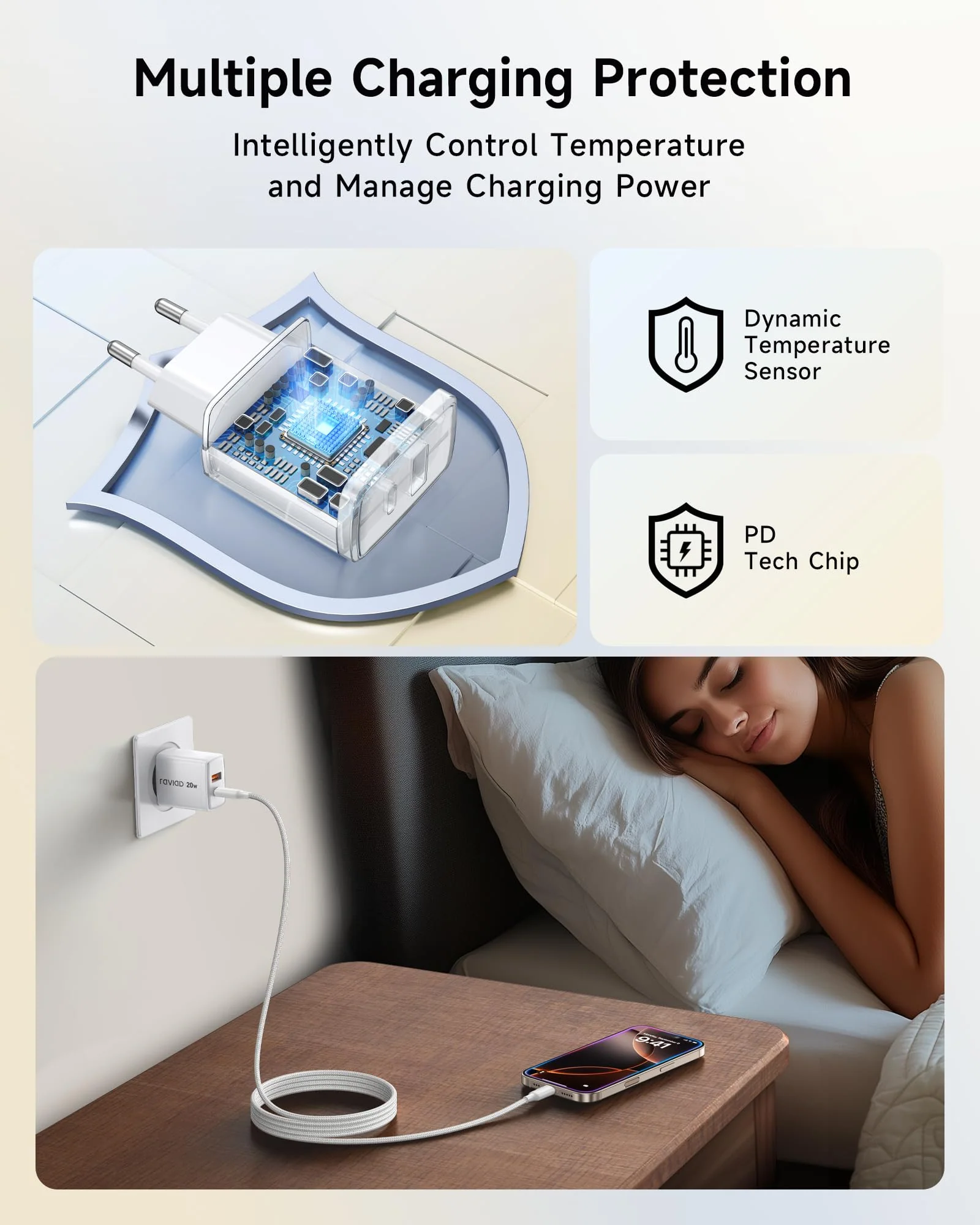 RAVIAD 20 W USB C Charger Pack of 2, [USBC + USBA] Fast Charger with USB C Cable 2 m, Mobile Phone Power Supply Type C with 2 Ports, Compatible with iPhone 16 15 Pro Max, Samsung Galaxy S25 S24 S23 2 pack - Image 4