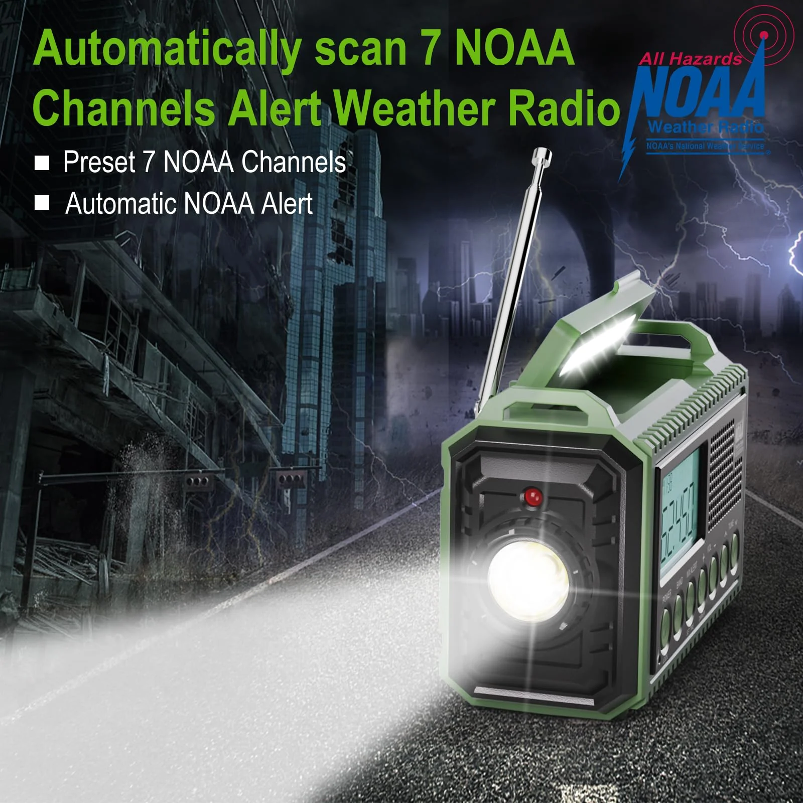 Raynic Emergency Radio, 12000mAh/44400mWh Battery Operated Weather Radio, Solar Hand Crank Radio with AM/FM/SW/NOAA Alert, Cell Phone Charger, Type-C Charging, Flashlight and SOS Siren Olive-Green-LCD Display - Image 2