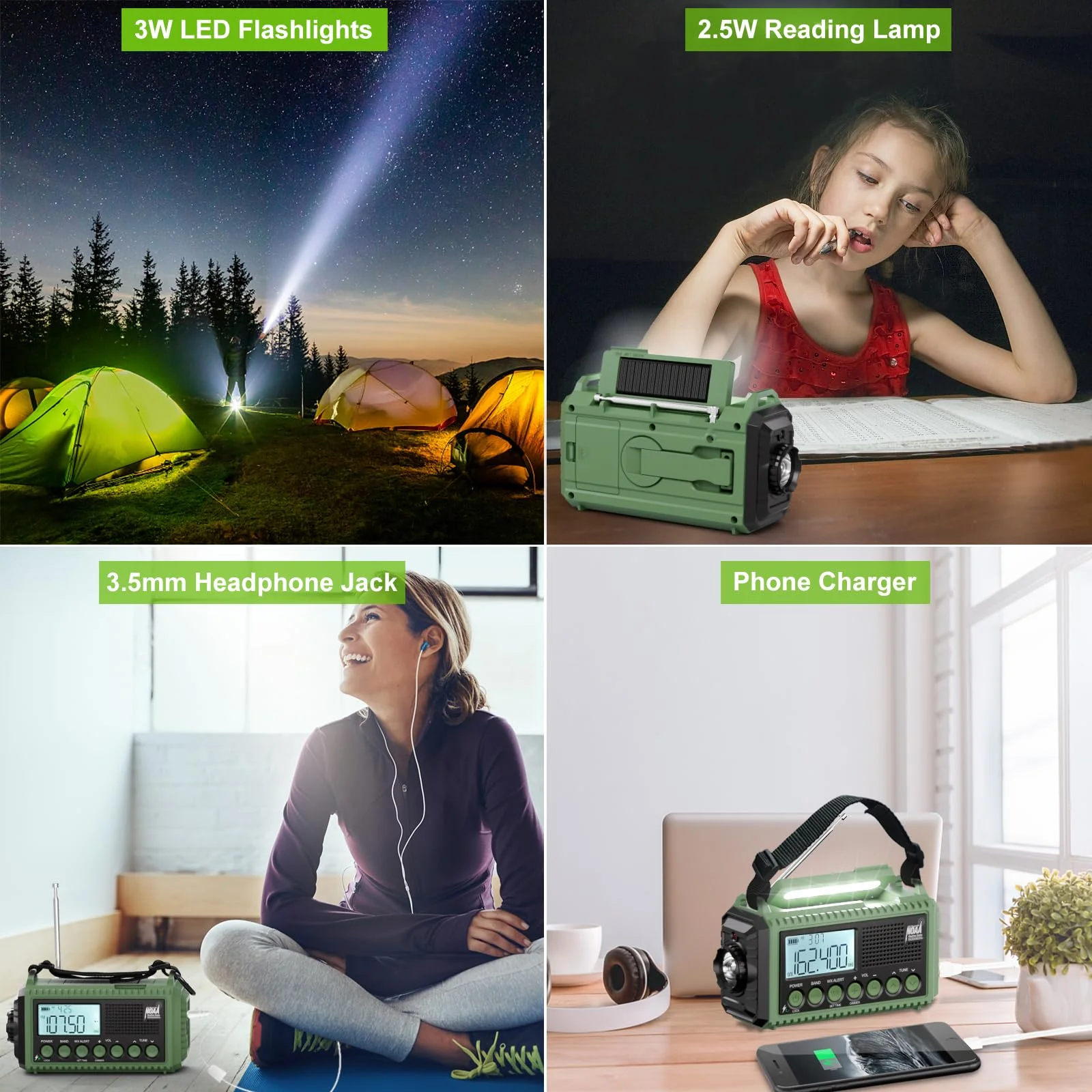 Raynic Emergency Radio, 12000mAh/44400mWh Battery Operated Weather Radio, Solar Hand Crank Radio with AM/FM/SW/NOAA Alert, Cell Phone Charger, Type-C Charging, Flashlight and SOS Siren Olive-Green-LCD Display - Image 3