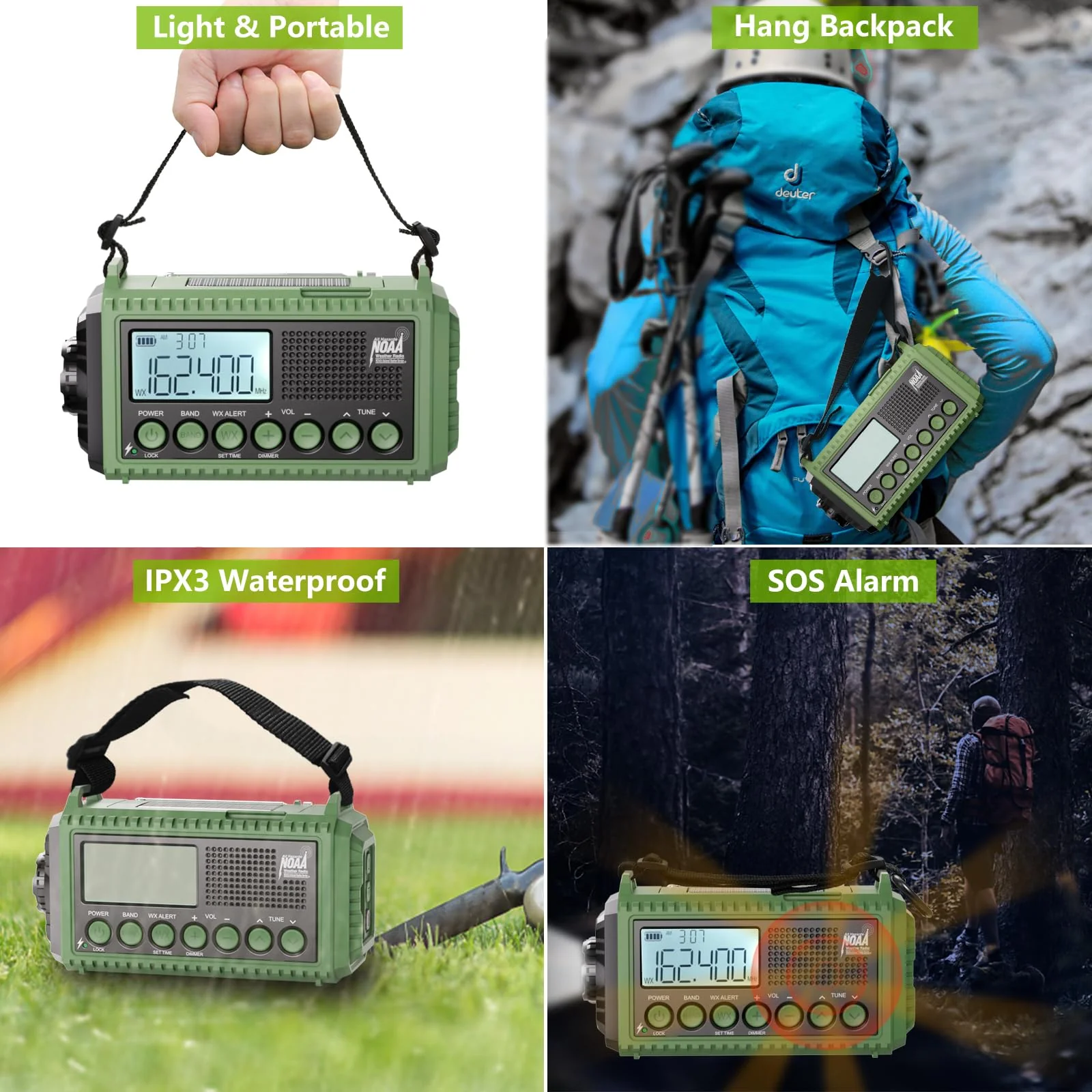 Raynic Emergency Radio, 12000mAh/44400mWh Battery Operated Weather Radio, Solar Hand Crank Radio with AM/FM/SW/NOAA Alert, Cell Phone Charger, Type-C Charging, Flashlight and SOS Siren Olive-Green-LCD Display - Image 5