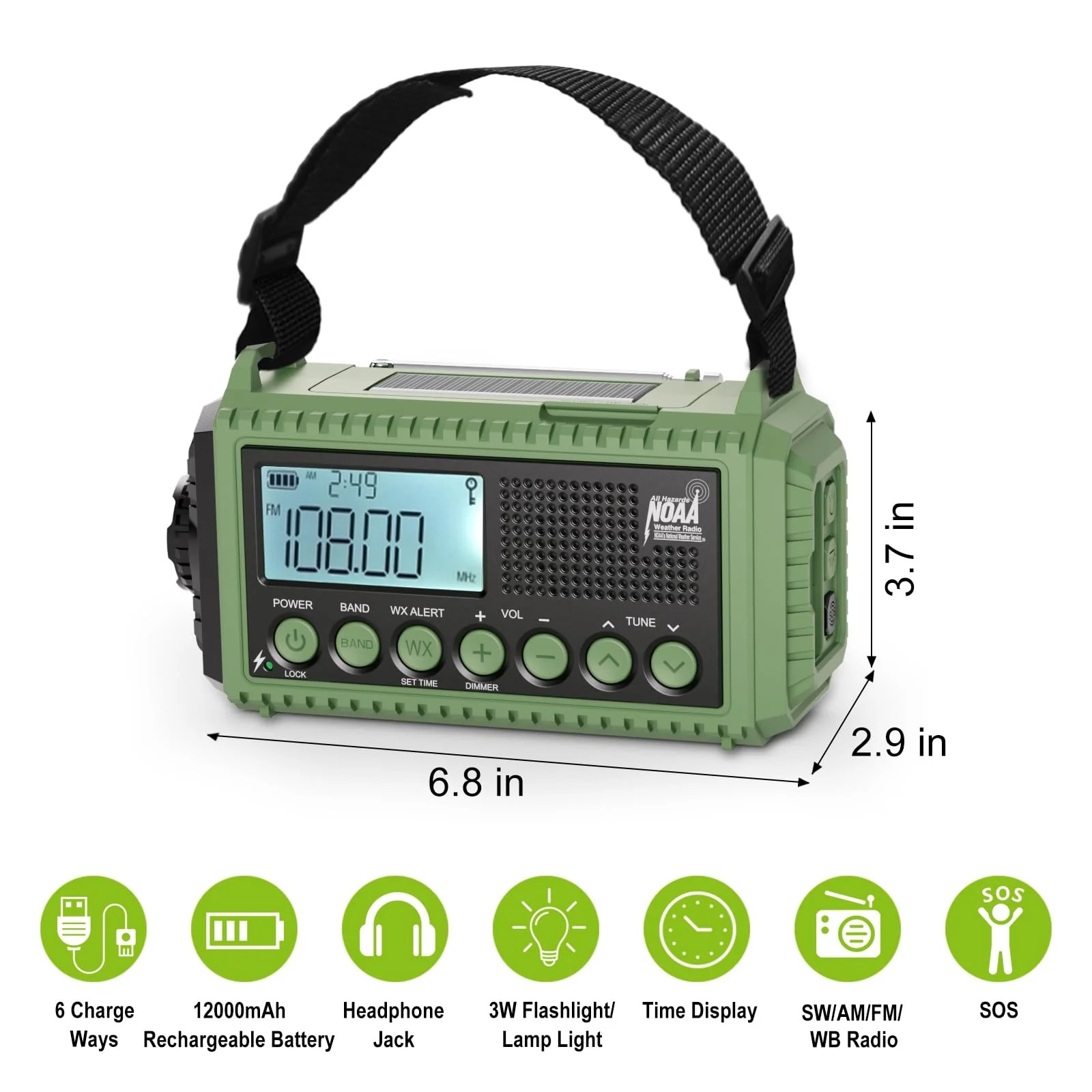 Raynic Emergency Radio, 12000mAh/44400mWh Battery Operated Weather Radio, Solar Hand Crank Radio with AM/FM/SW/NOAA Alert, Cell Phone Charger, Type-C Charging, Flashlight and SOS Siren Olive-Green-LCD Display - Image 6