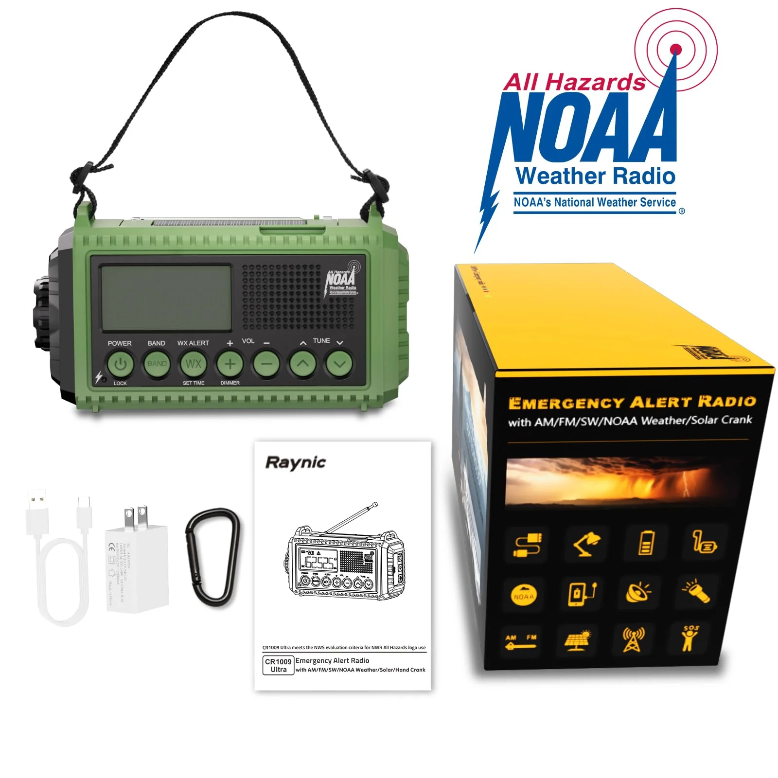 Raynic Emergency Radio, 12000mAh/44400mWh Battery Operated Weather Radio, Solar Hand Crank Radio with AM/FM/SW/NOAA Alert, Cell Phone Charger, Type-C Charging, Flashlight and SOS Siren Olive-Green-LCD Display - Image 7