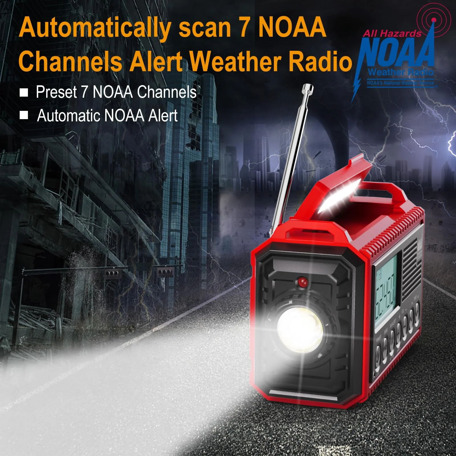 Raynic Emergency Radio, 5000mAh/18500mWh Weather Radio, Solar Hand Crank Emergency Radio with AM/FM/SW/NOAA, Cell Phone Charger, Headphone Jack, Flashlight, Type-C Charging and SOS Siren for Hurricane Red-LCD Display - Image 2