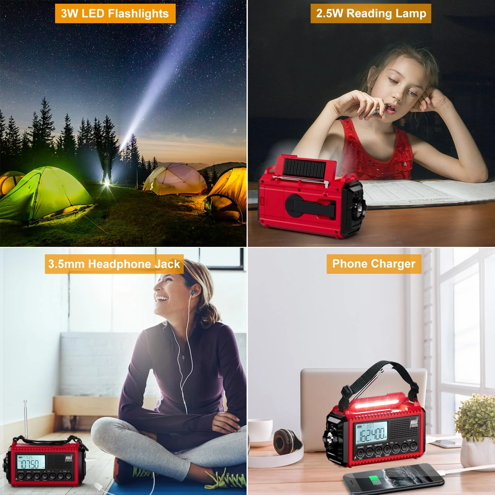 Raynic Emergency Radio, 5000mAh/18500mWh Weather Radio, Solar Hand Crank Emergency Radio with AM/FM/SW/NOAA, Cell Phone Charger, Headphone Jack, Flashlight, Type-C Charging and SOS Siren for Hurricane Red-LCD Display - Image 3