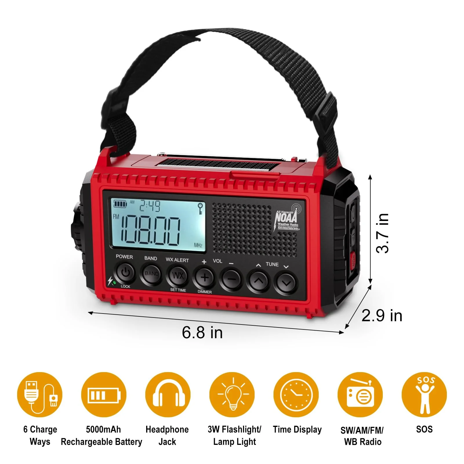 Raynic Emergency Radio, 5000mAh/18500mWh Weather Radio, Solar Hand Crank Emergency Radio with AM/FM/SW/NOAA, Cell Phone Charger, Headphone Jack, Flashlight, Type-C Charging and SOS Siren for Hurricane Red-LCD Display - Image 5