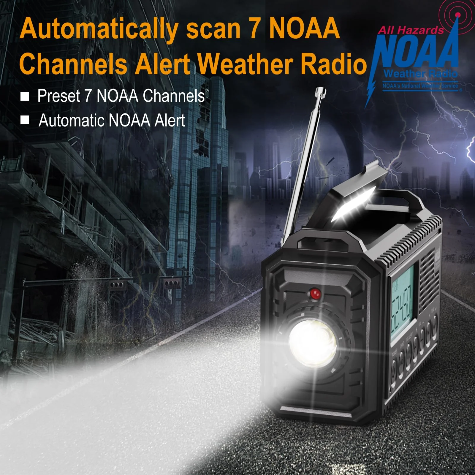 Raynic NOAA Weather Radio,5000mAh/18500mWh Solar Hand Crank Emergency Radio, Battery Powered Portable Radio with AM/FM/SW/NOAA, Cell Phone Charger, Type-C Charging, Flashlight and SOS Siren Black-LCD Display - Image 2