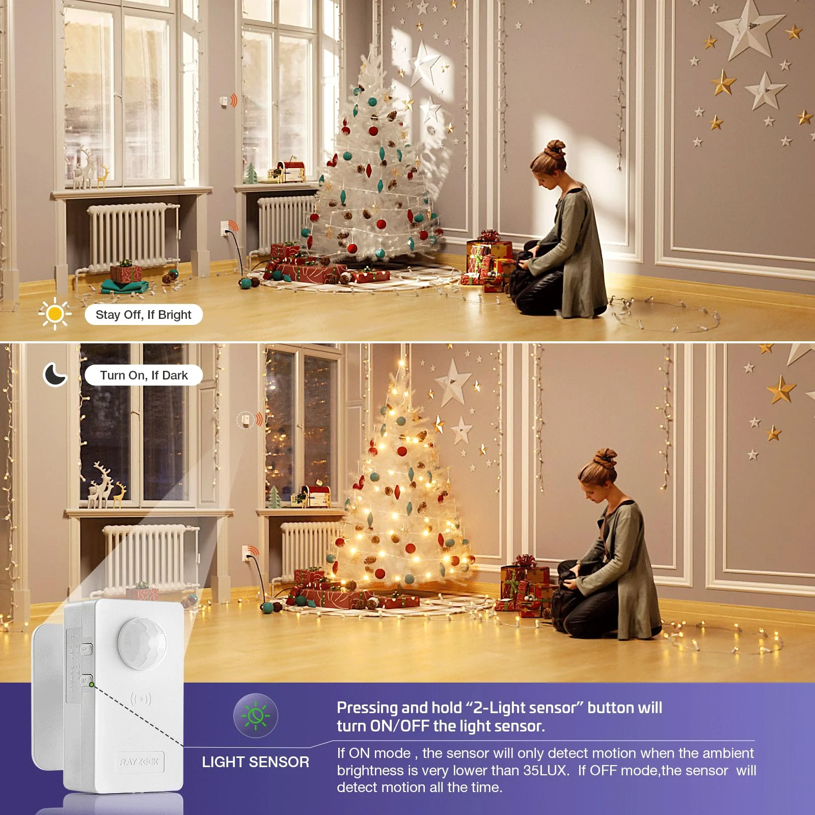RAYZEEK Wireless Motion Sensor Control Outlet with Light Sensor,No WiFi/No APP, 2 PIR Sensor Switch Control 1 Plug for Christmas Tree Lights,Fans,Household Appliances,10A/1100W 2 Motion Sensor+plug - Image 2