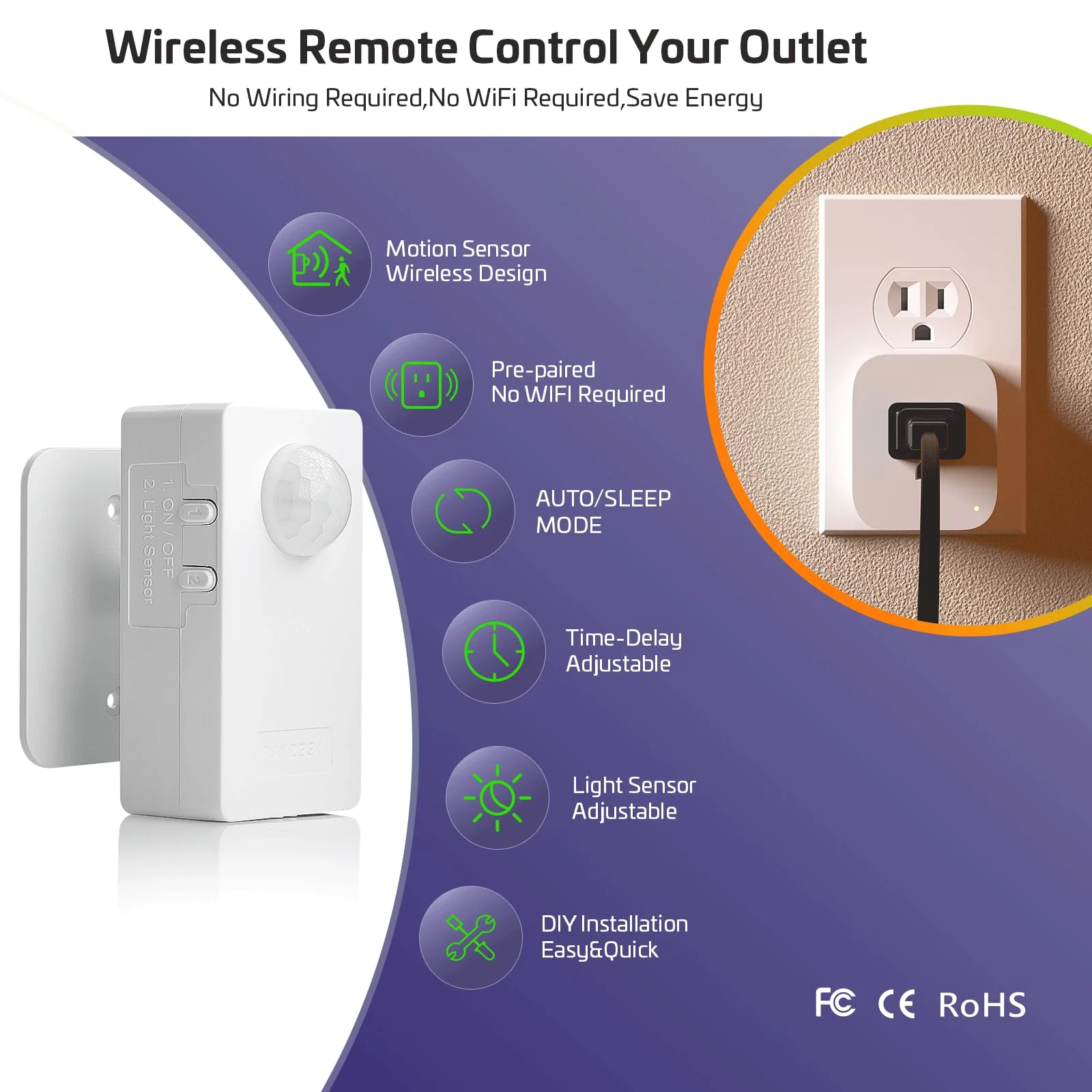 RAYZEEK Wireless Motion Sensor Control Outlet with Light Sensor,No WiFi/No APP, 2 PIR Sensor Switch Control 1 Plug for Christmas Tree Lights,Fans,Household Appliances,10A/1100W 2 Motion Sensor+plug - Image 3
