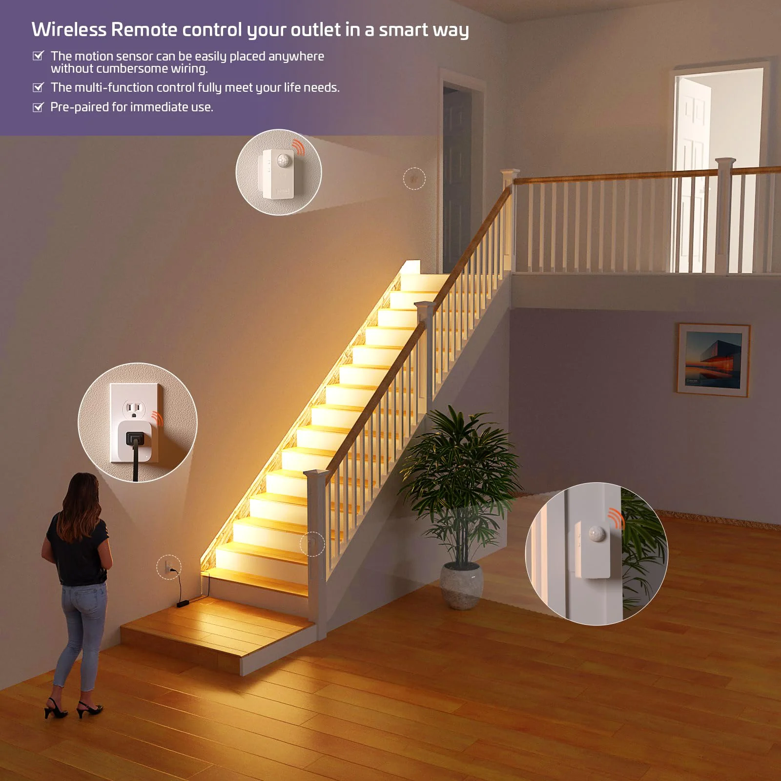RAYZEEK Wireless Motion Sensor Control Outlet with Light Sensor,No WiFi/No APP, 2 PIR Sensor Switch Control 1 Plug for Christmas Tree Lights,Fans,Household Appliances,10A/1100W 2 Motion Sensor+plug - Image 6