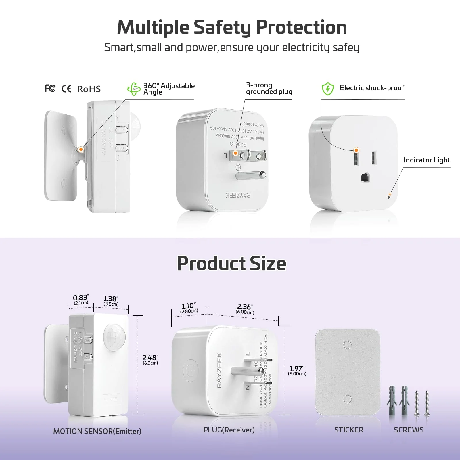 RAYZEEK Wireless Motion Sensor Control Outlet with Light Sensor,No WiFi/No APP, 2 PIR Sensor Switch Control 1 Plug for Christmas Tree Lights,Fans,Household Appliances,10A/1100W 2 Motion Sensor+plug - Image 7