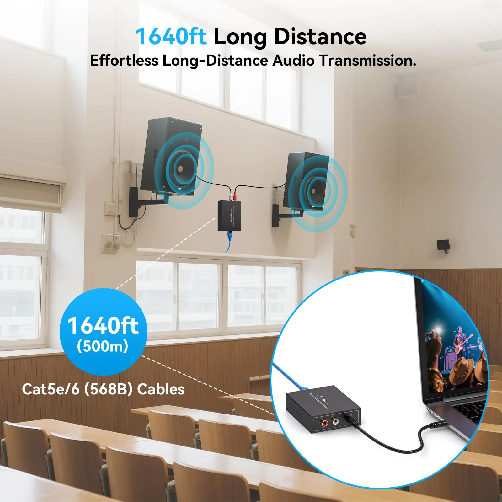 RCA /3.5MM Stereo Analog Audio Extender Over Ethernet LAN Single Cat5e/6 Cable, up to 1640FT/500M No External Power Required for Home Theater Church AMP Long Distance Audio Transmission - Image 4