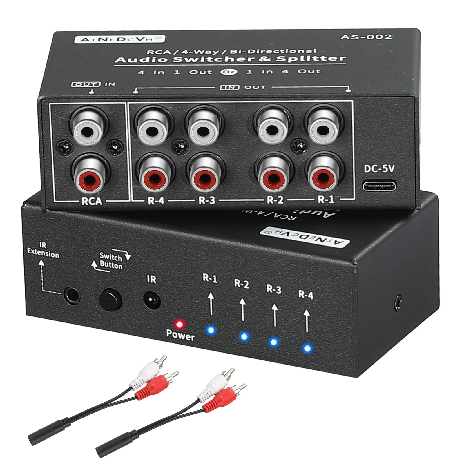 RCA 4-Way Bi-Directional Audio Switcher Splitter, 1 in 4 Out / 4 in 1 Out Stereo L/R Sound Channel Audio Switch Selector Splitter Box with Remote Control for Speakers Headphones Amps (Black) - Image 2