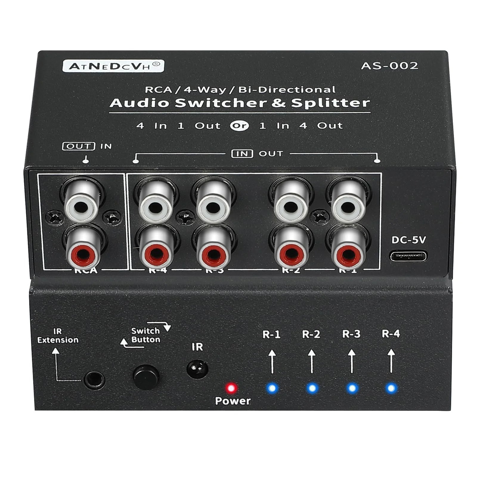 RCA 4-Way Bi-Directional Audio Switcher Splitter, 1 in 4 Out / 4 in 1 Out Stereo L/R Sound Channel Audio Switch Selector Splitter Box with Remote Control for Speakers Headphones Amps (Black) - Image 3