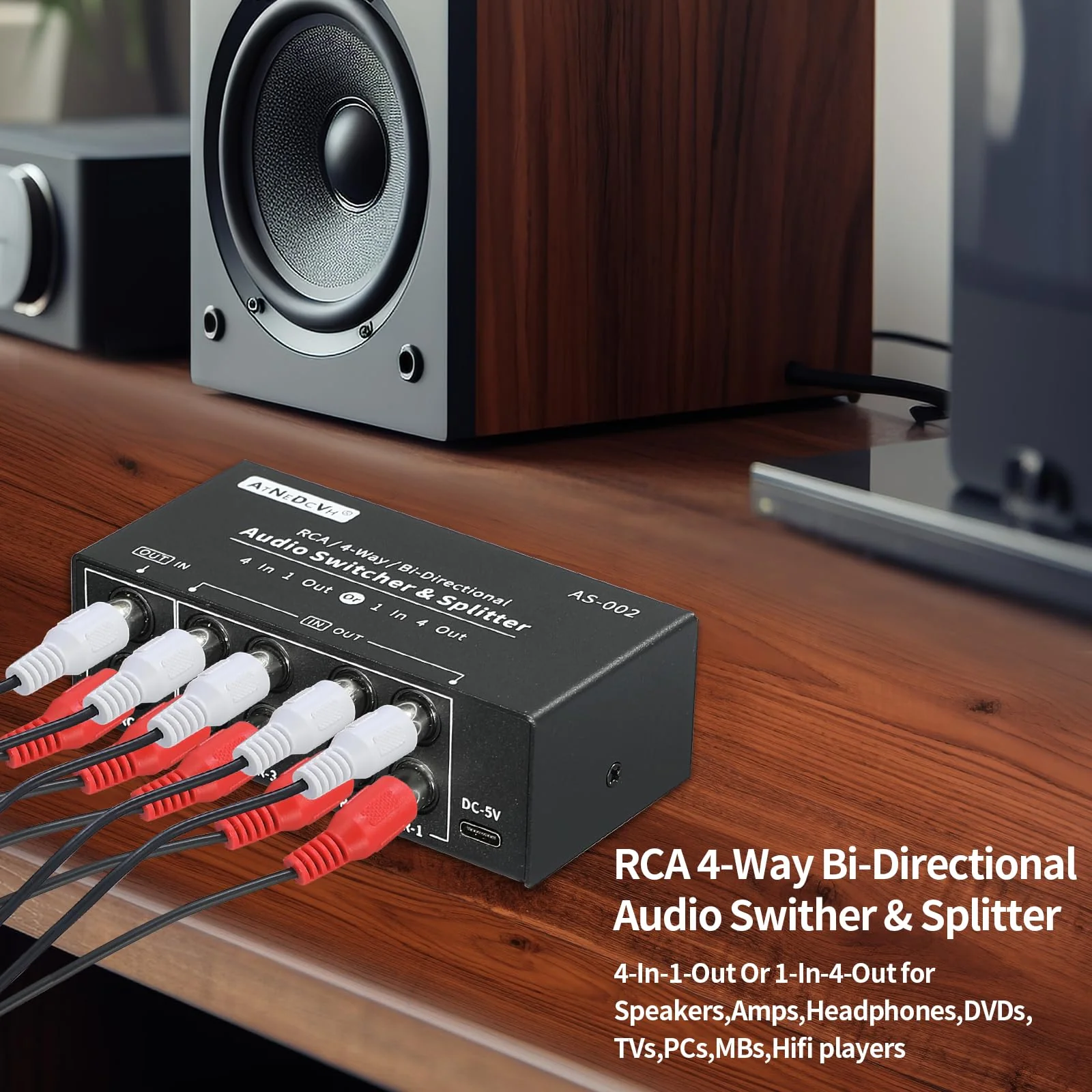RCA 4-Way Bi-Directional Audio Switcher Splitter, 1 in 4 Out / 4 in 1 Out Stereo L/R Sound Channel Audio Switch Selector Splitter Box with Remote Control for Speakers Headphones Amps (Black) - Image 6