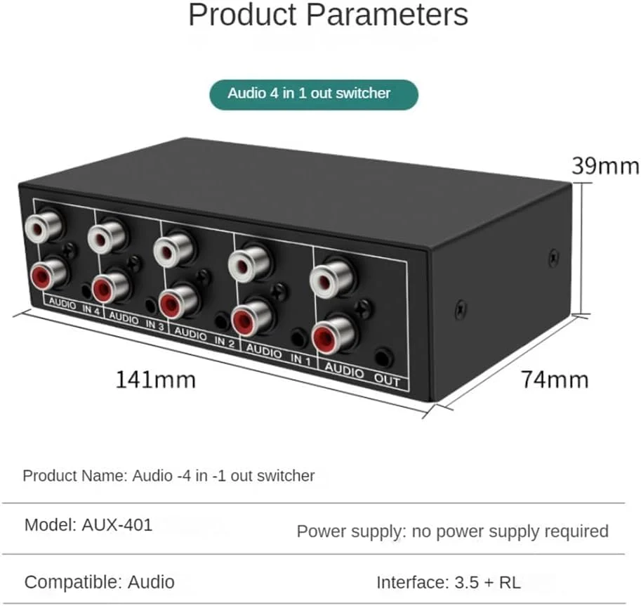 RCA AUX Audio Switcher 4 in 1 out, BolAAzuL Stereo Audio Selector 4X1 Passive 3.5mm Aux L/R RCA Audio Switch Box Analog Audio Selector - Image 7