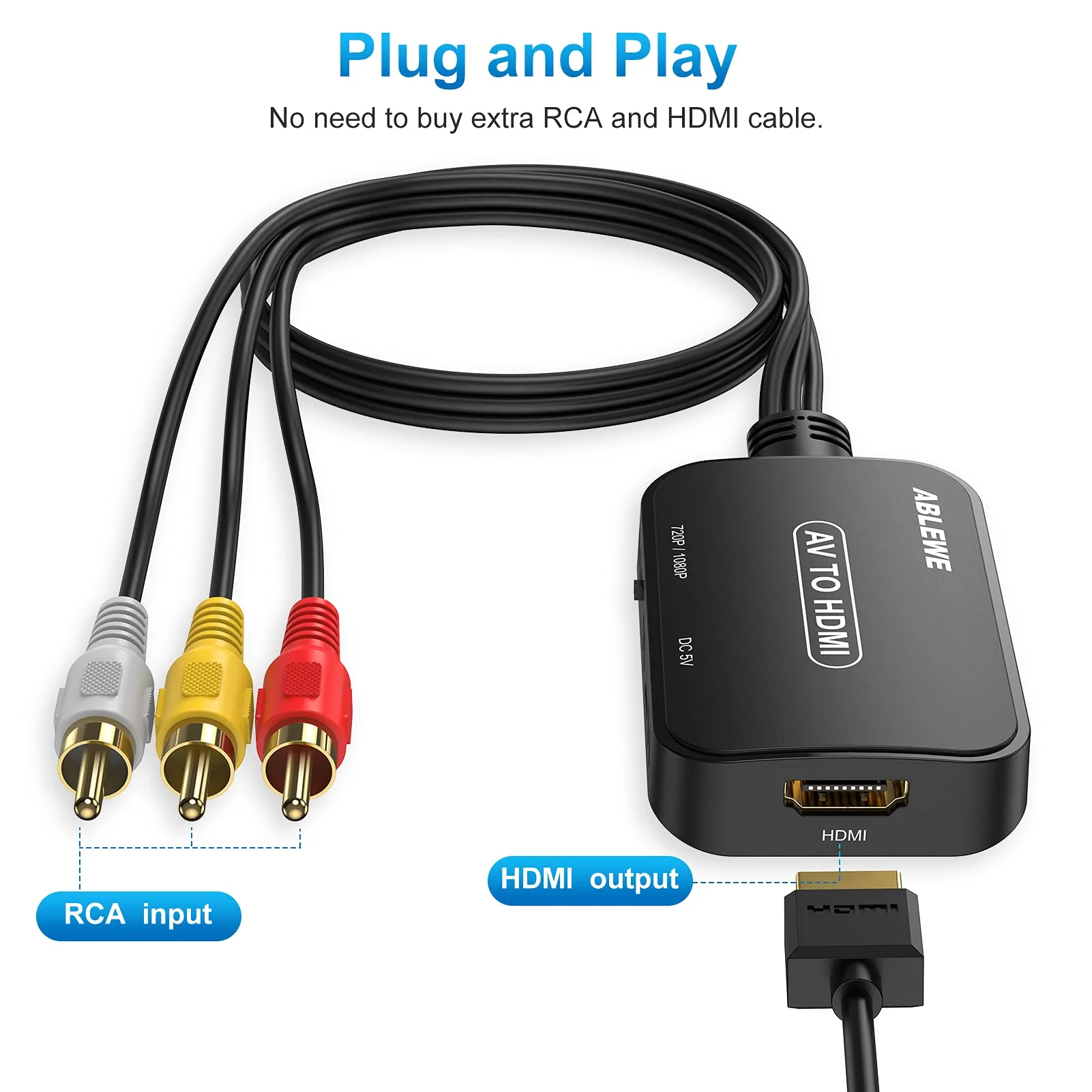 RCA to HDMI Converter,1080P Composite to HDMI Adapter with RCA Cable & HDMI Cable Supports PAL/NTSC for Roku/VHS/VCR/Blue-ray DVD Players-2021 Newest - Image 2