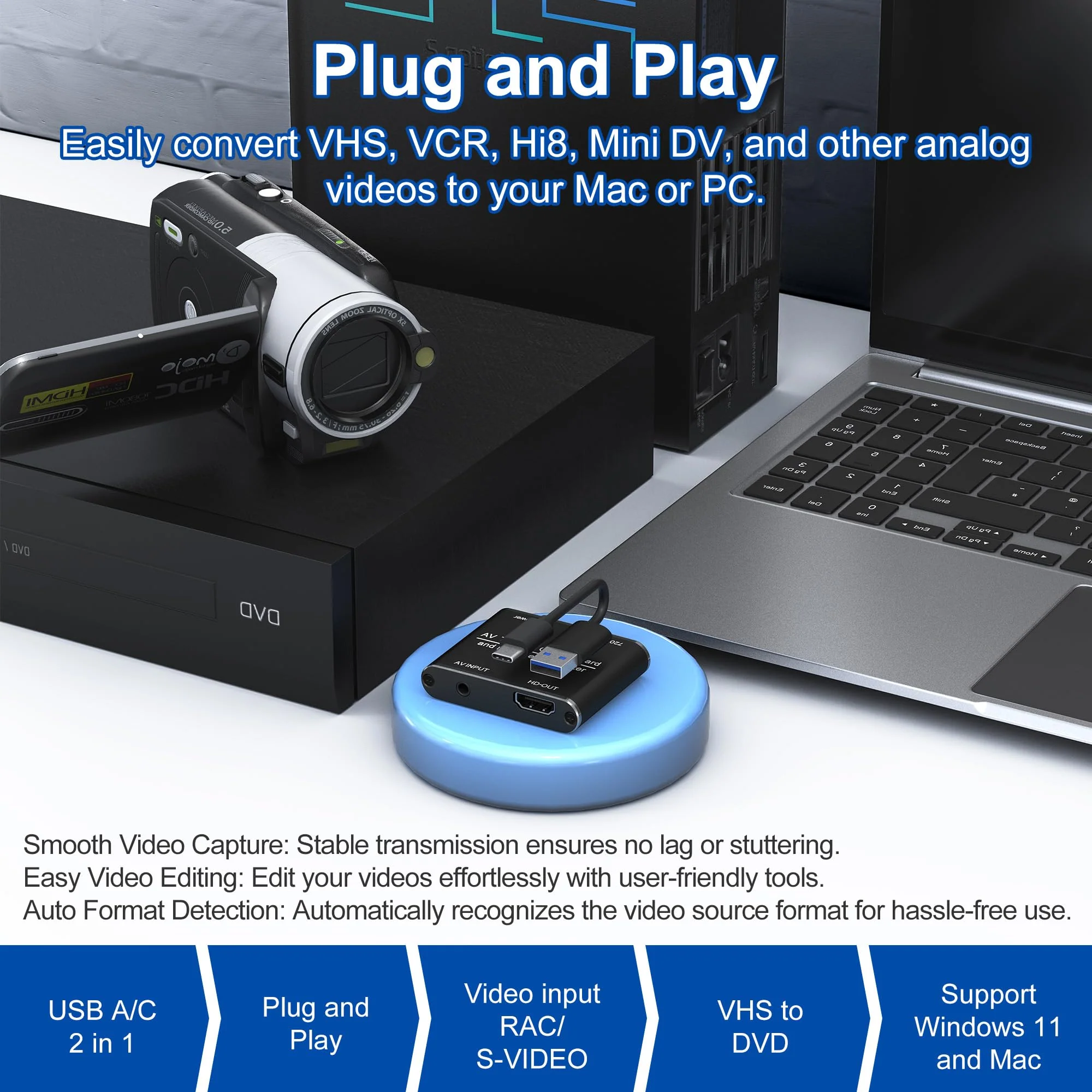 RCA to HDMI Converter & VHS to Digital Converter - USB Video Capture Card for VHS/VCR/DVD/AV - Analog to Digital Converter with 1080P HD Output, AV HDMI Adapter, Save and Digitize Old Videos - Image 6