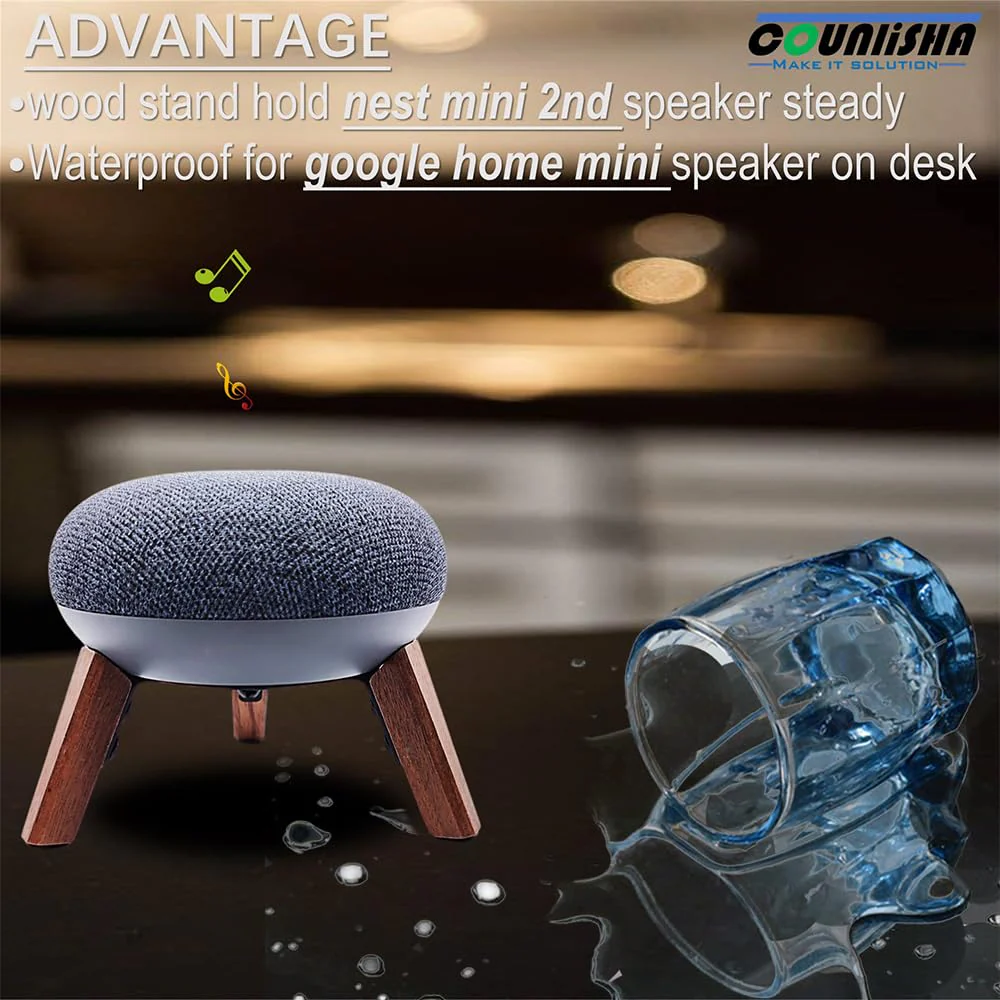 Real Wood Mount compatible for google home mini,nest mini speaker,Tripod Mount holder with Metal Frame,Anti-Slip Safe Stable wooden stand for home Mini on Desk (Walnut) - Image 4